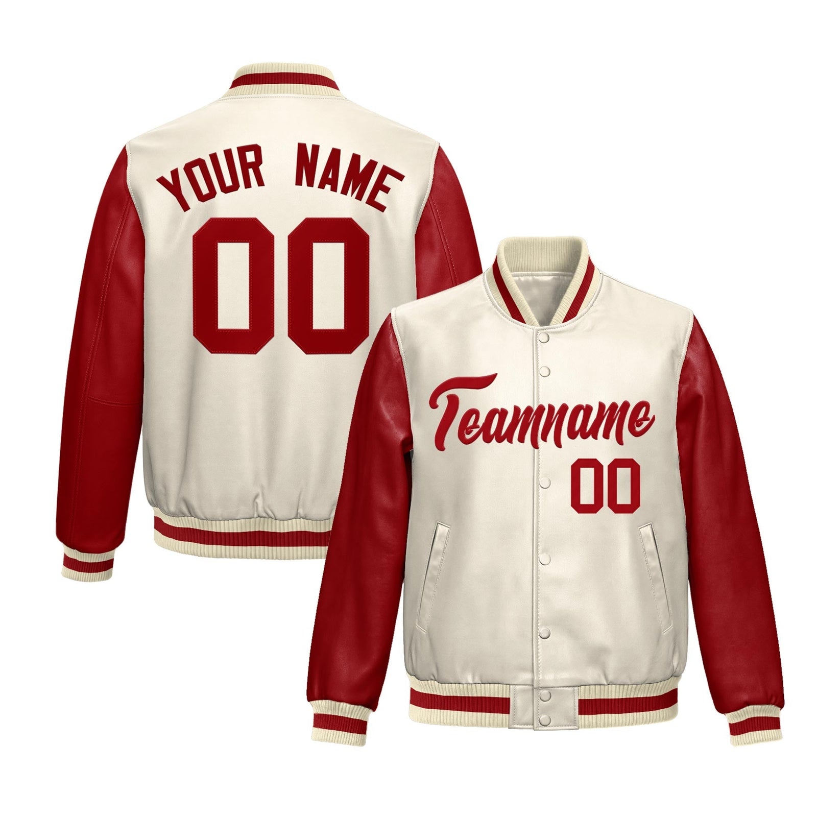 Custom Cream Red Raglan Sleeves Full-Snap Varsity Faux Leather Letterman Jacket| KXKSHOP