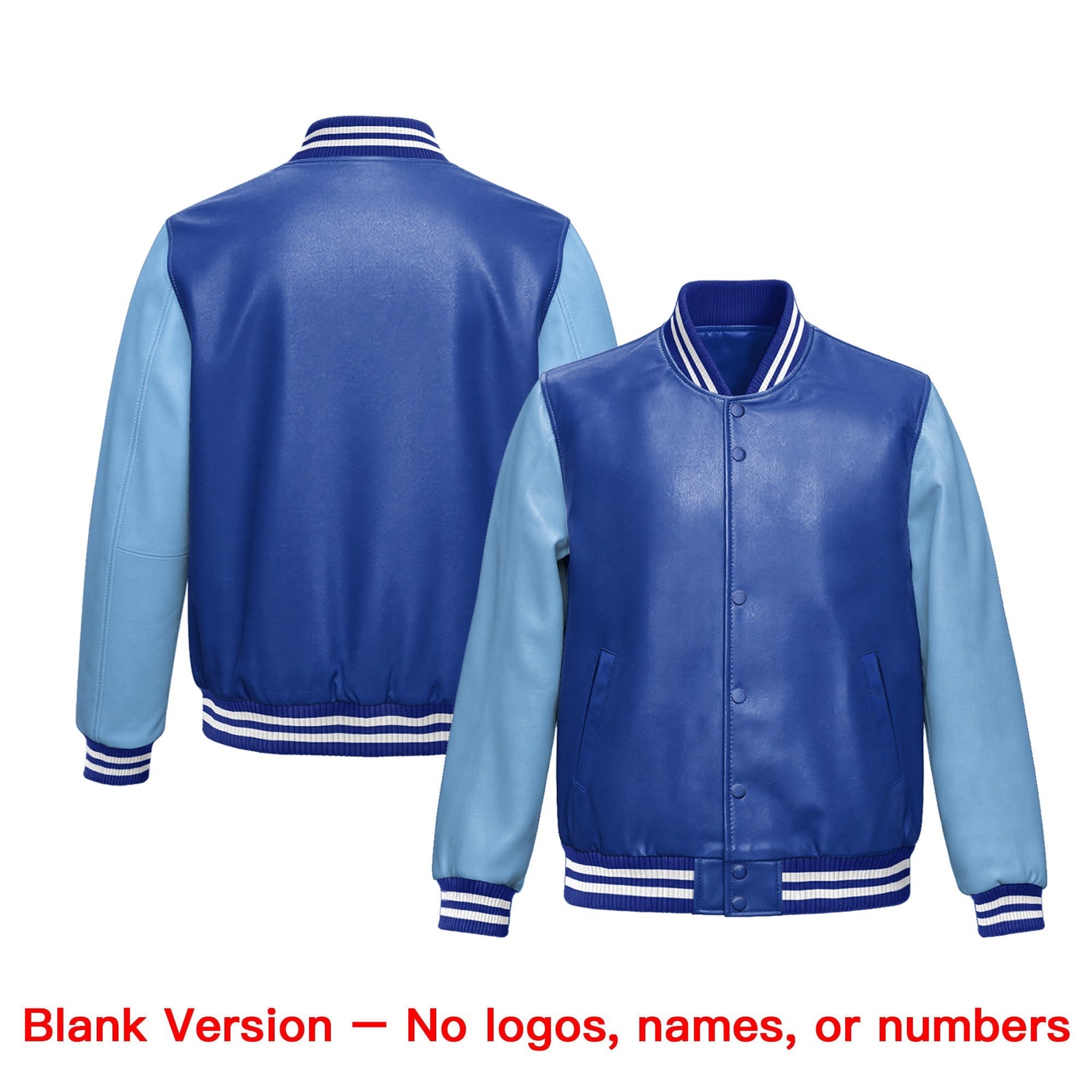 Custom Royal Blue Powder Blue Raglan Sleeves Full-Snap Faux Leather Letterman Jacket| KXKSHOP