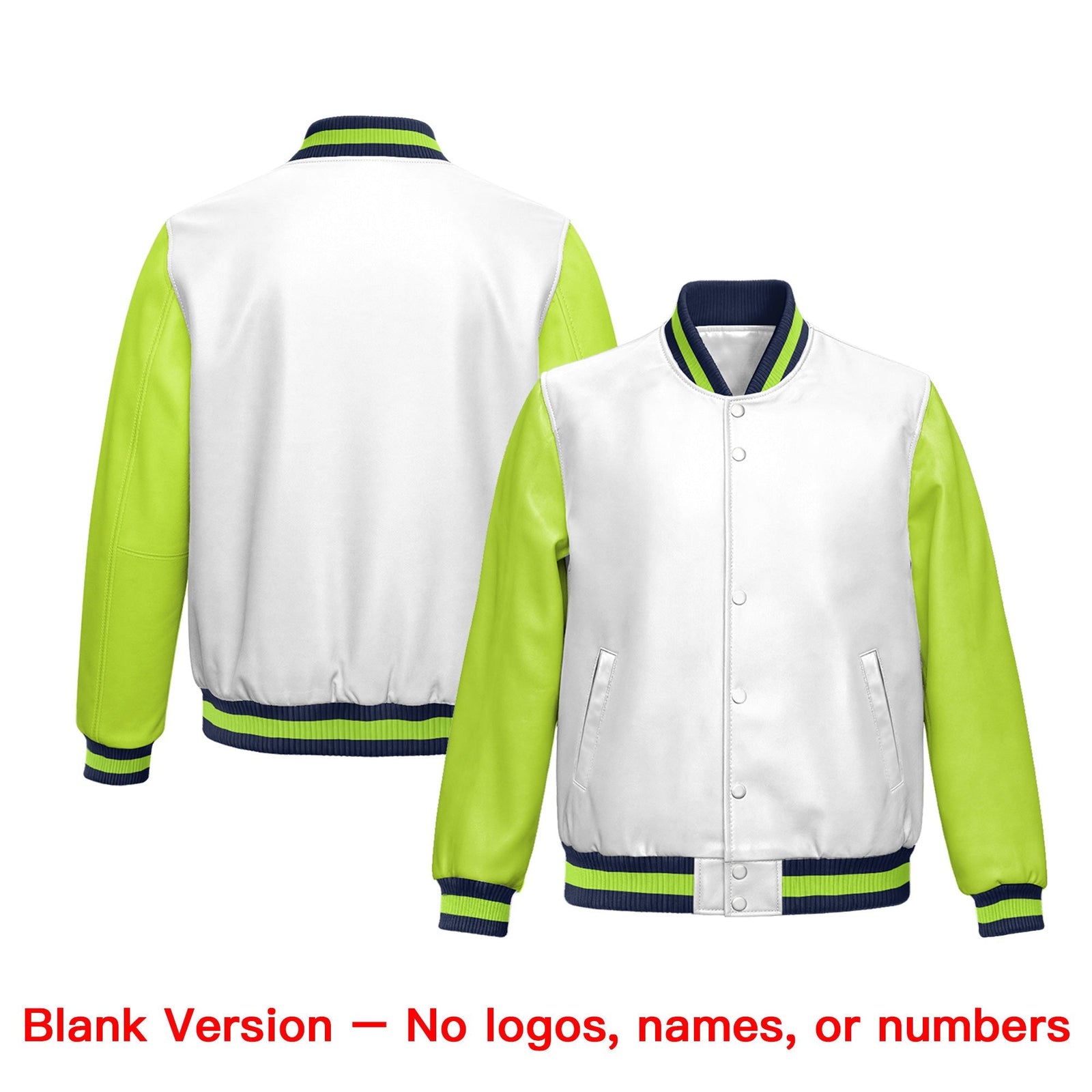 Custom Neon Green Navy Raglan Sleeves Full-Snap Faux Leather Letterman Jacket| KXKSHOP