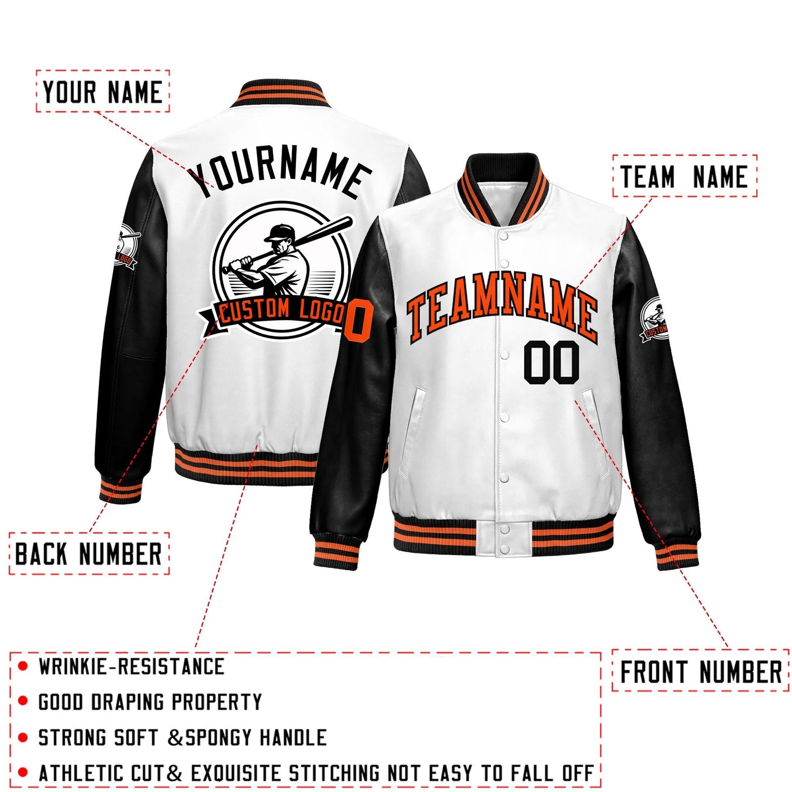 Custom Black White Raglan Sleeves Full-Snap Faux Leather Letterman Jacket| KXKSHOP