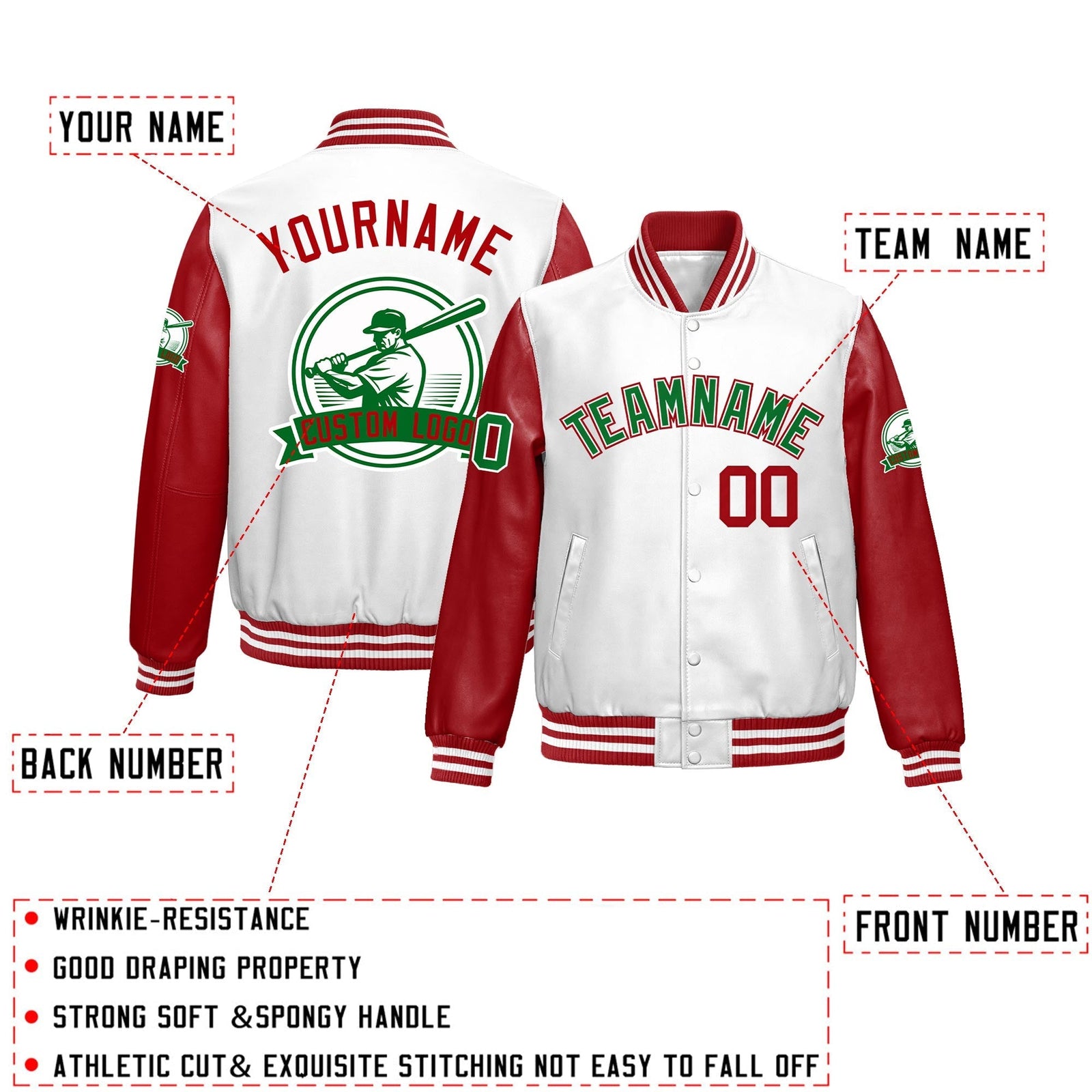 Custom Red White Raglan Sleeves Full-Snap Faux Leather Letterman Jacket| KXKSHOP