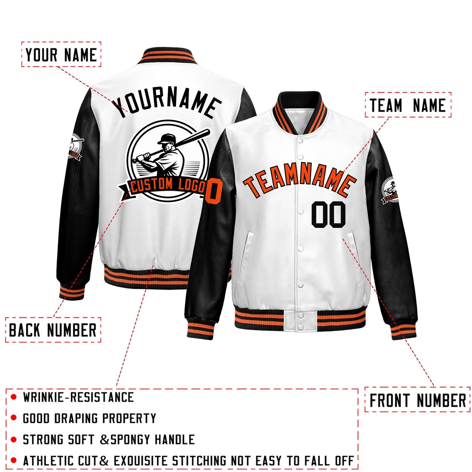 Custom Black White Raglan Sleeves Full-Snap Faux Leather Letterman Jacket| KXKSHOP