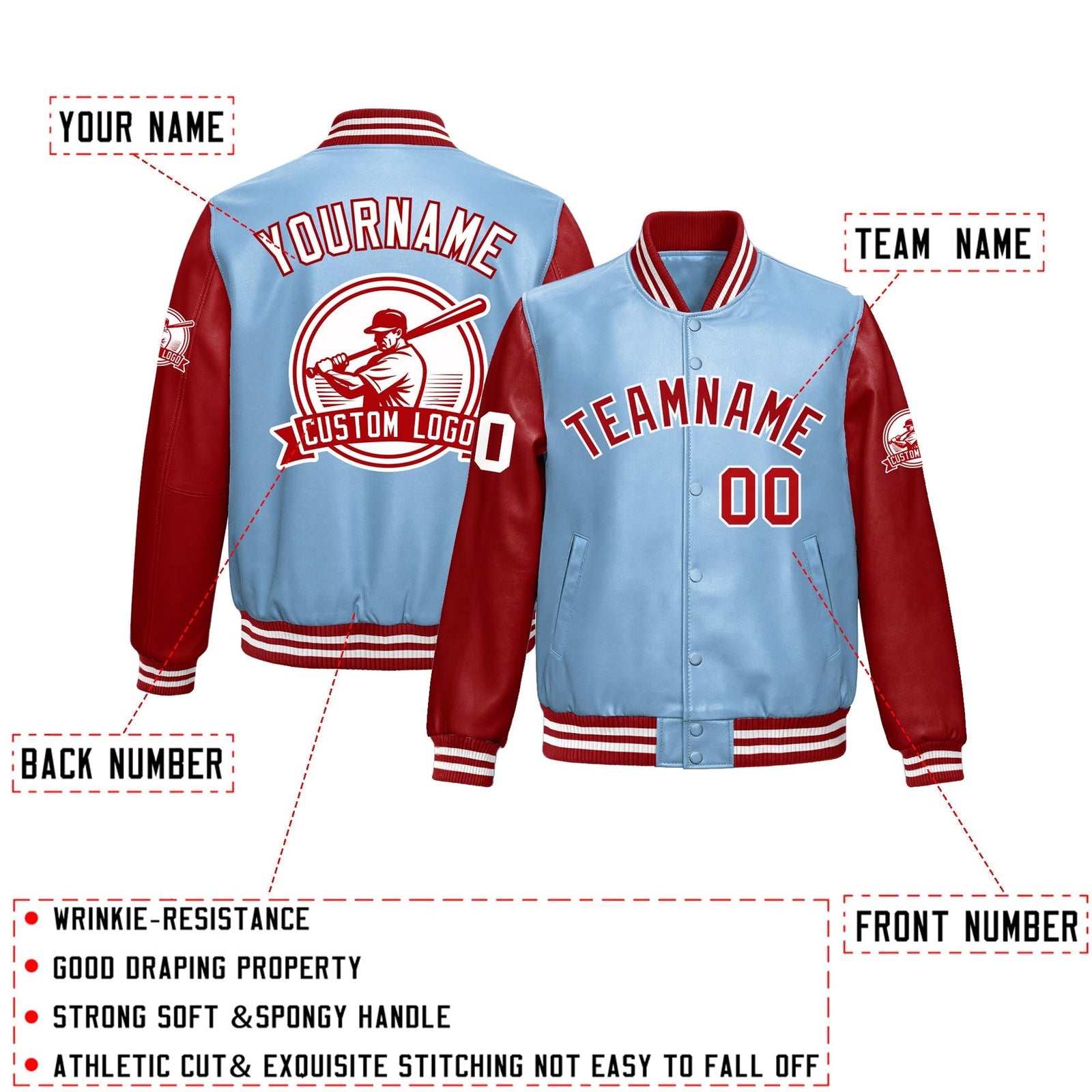 Custom Powder Blue Red Raglan Sleeves Full-Snap Faux Leather Letterman Jacket| KXKSHOP
