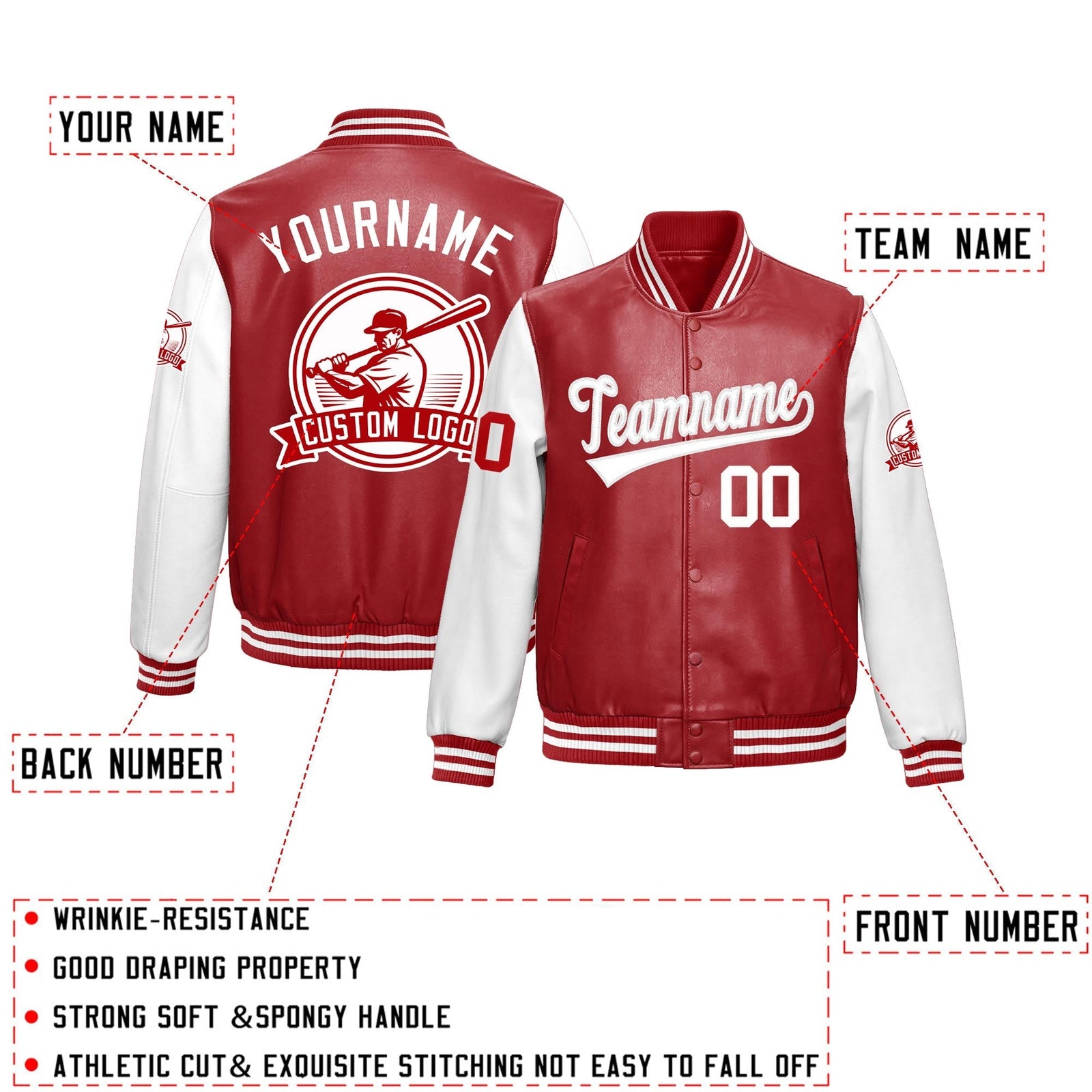 Custom Red White Raglan Sleeves Full-Snap Faux Leather Letterman Jacket| KXKSHOP