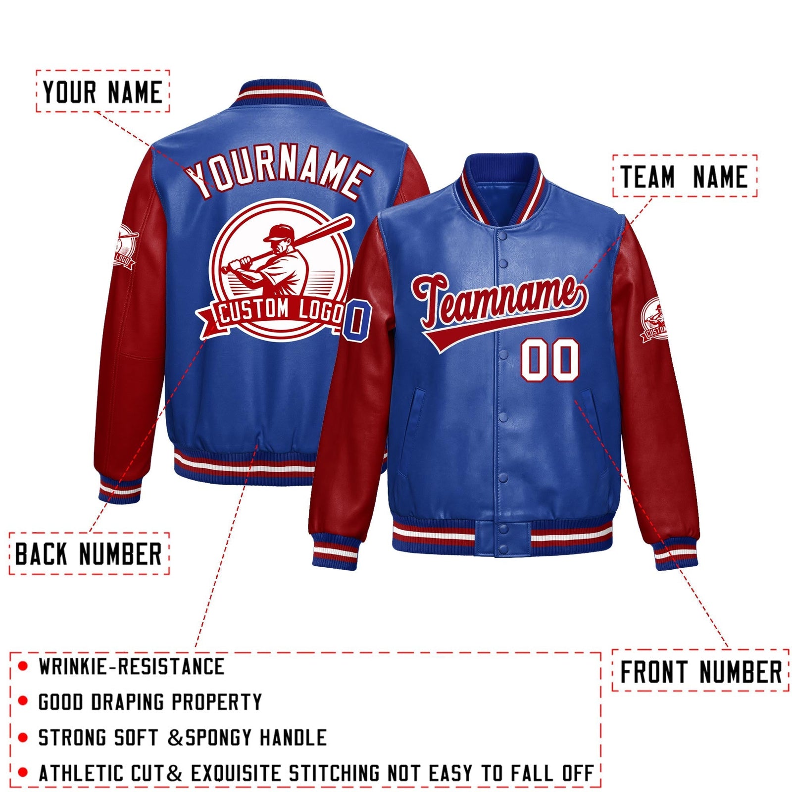 Custom Royal Blue Red Raglan Sleeves Full-Snap Faux Leather Letterman Jacket| KXKSHOP