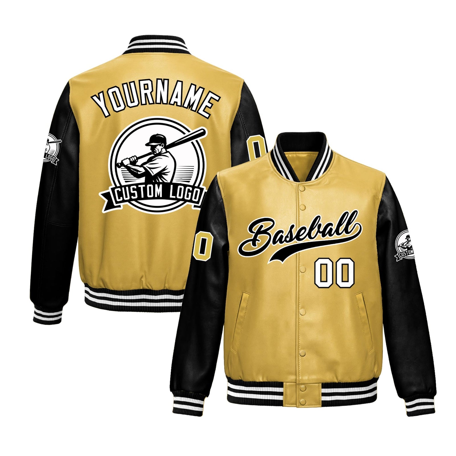 Custom Khaki Black Raglan Sleeves Full-Snap Faux Leather Letterman Jacket| KXKSHOP