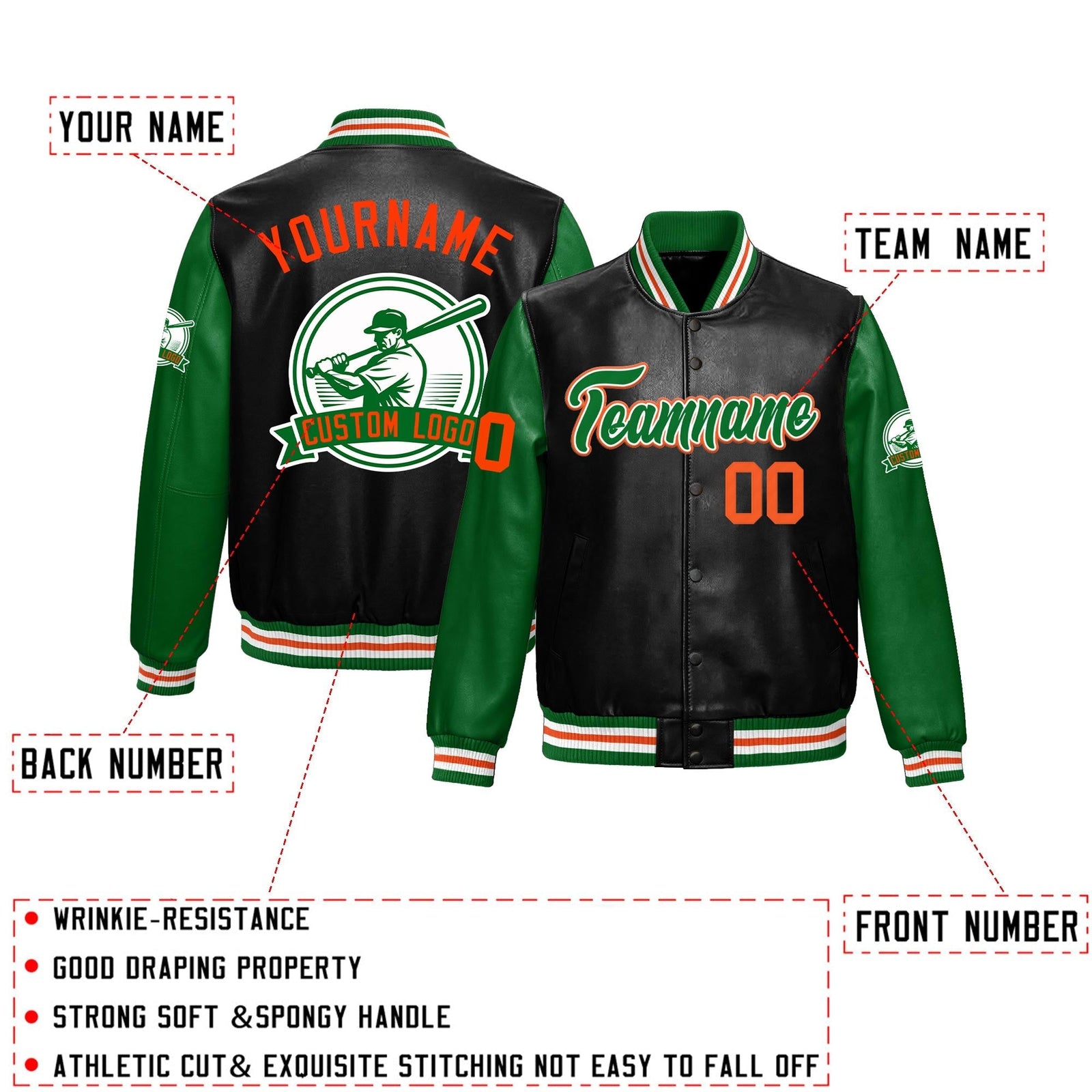 Custom Black Kelly Green Raglan Sleeves Full-Snap Faux Leather Letterman Jacket| KXKSHOP