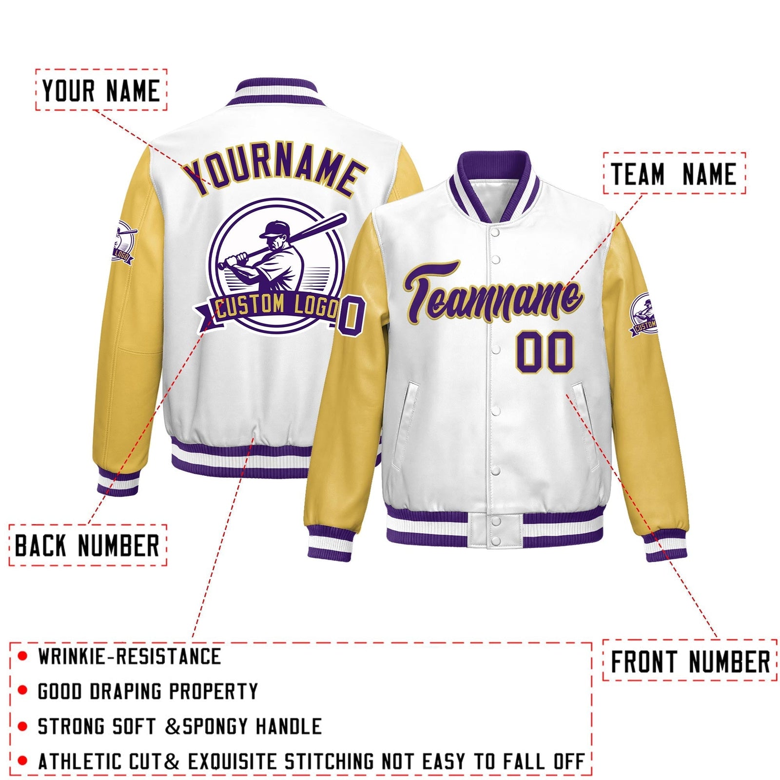 Custom Khaki Purple Raglan Sleeves Full-Snap Faux Leather Letterman Jacket| KXKSHOP