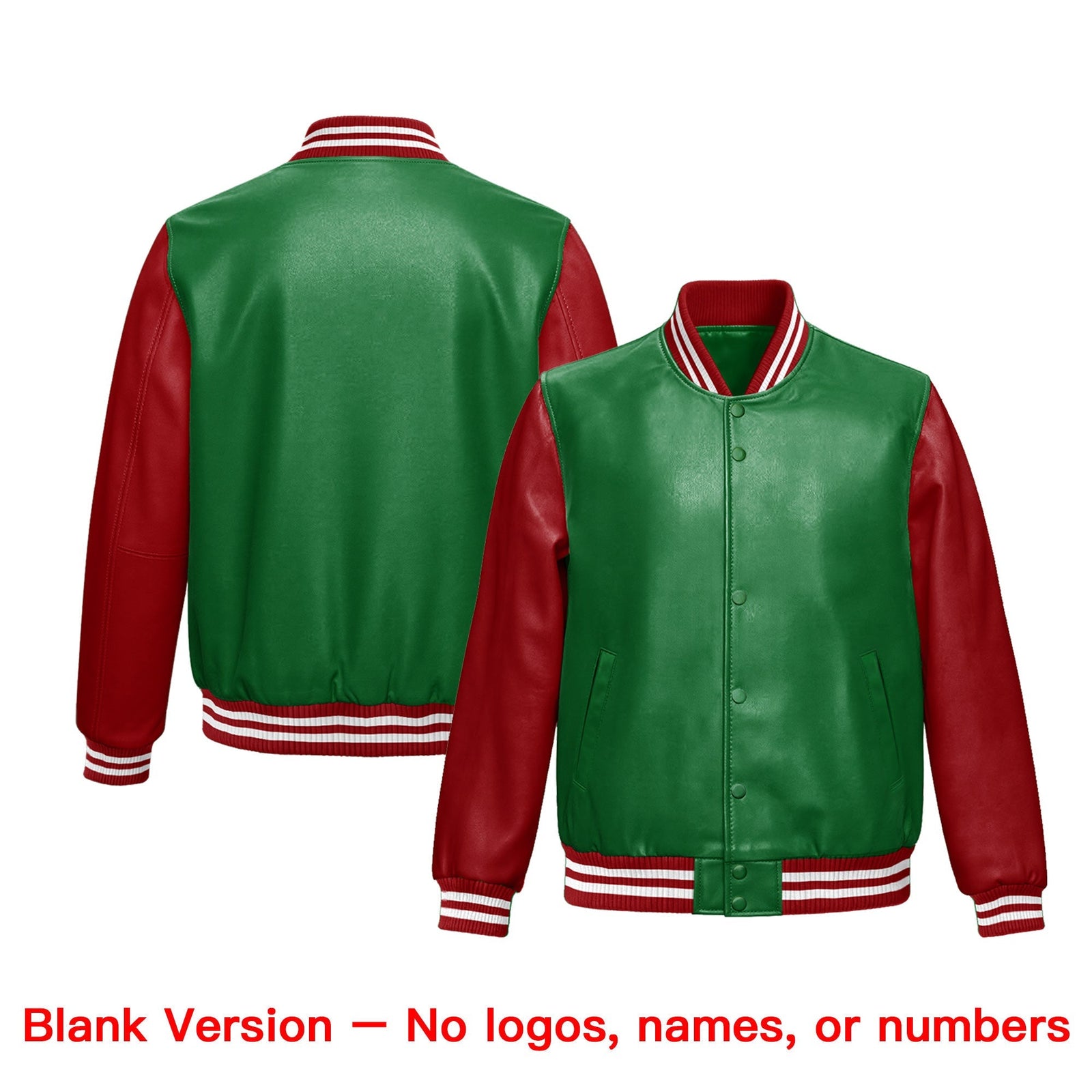 Custom Kelly Green Red Raglan Sleeves Full-Snap Faux Leather Letterman Jacket| KXKSHOP