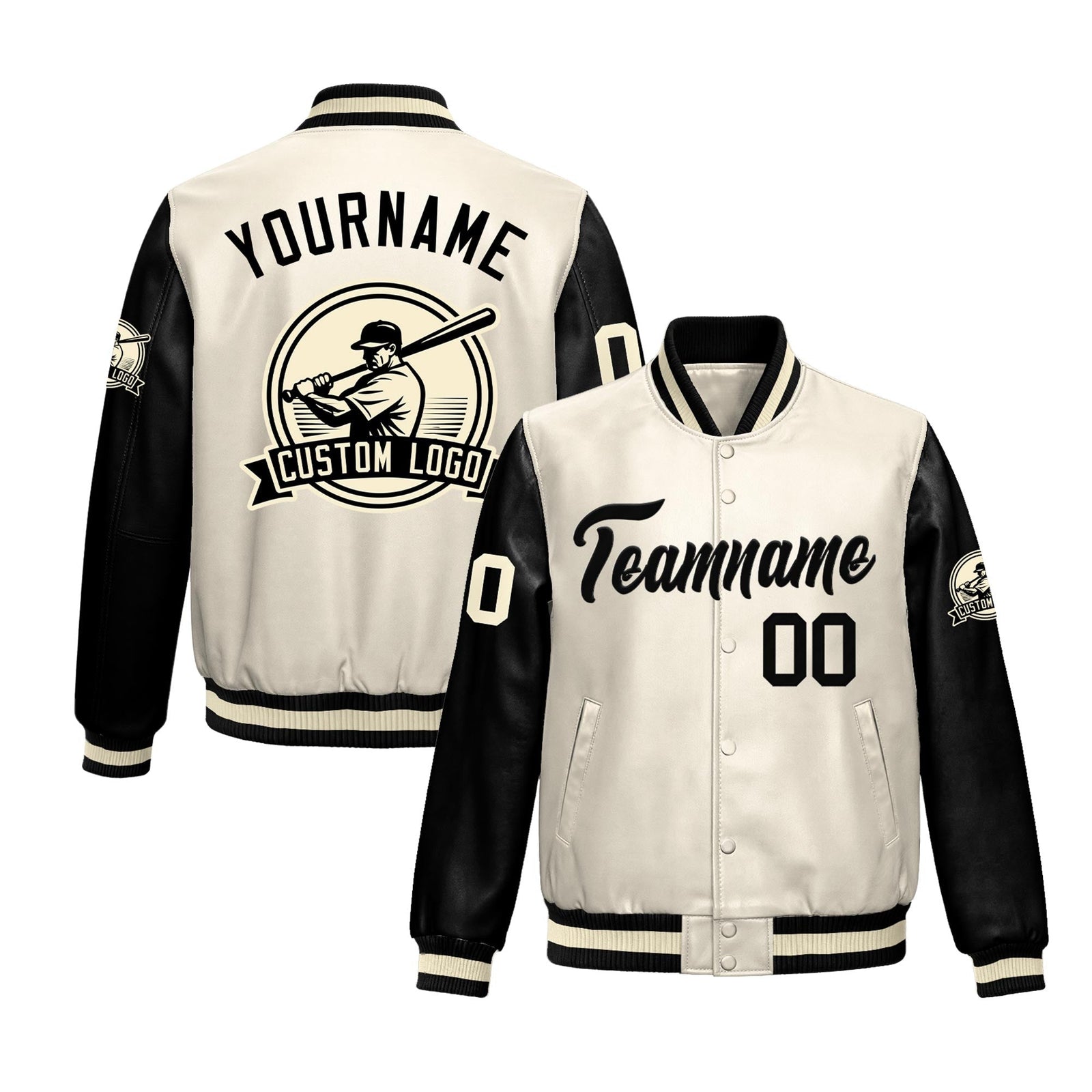 Custom Cream Black Raglan Sleeves Full-Snap Faux Leather Letterman Jacket| KXKSHOP