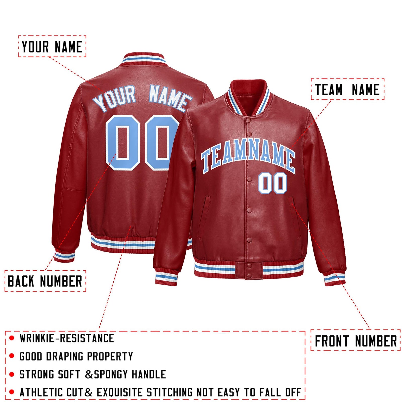 Custom Red Light Blue Full-Snap Varsity Faux Leather Letterman Jacket| KXKSHOP
