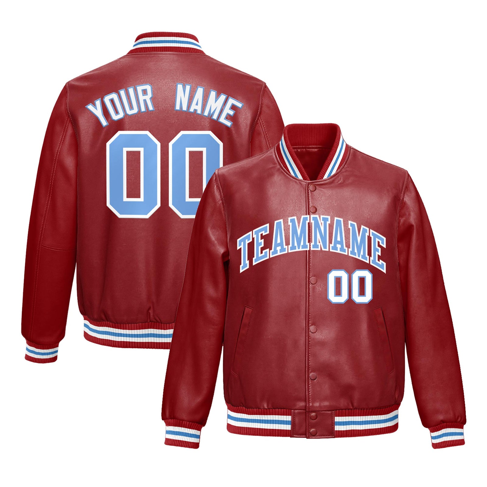 Custom Red Light Blue Full-Snap Varsity Faux Leather Letterman Jacket| KXKSHOP