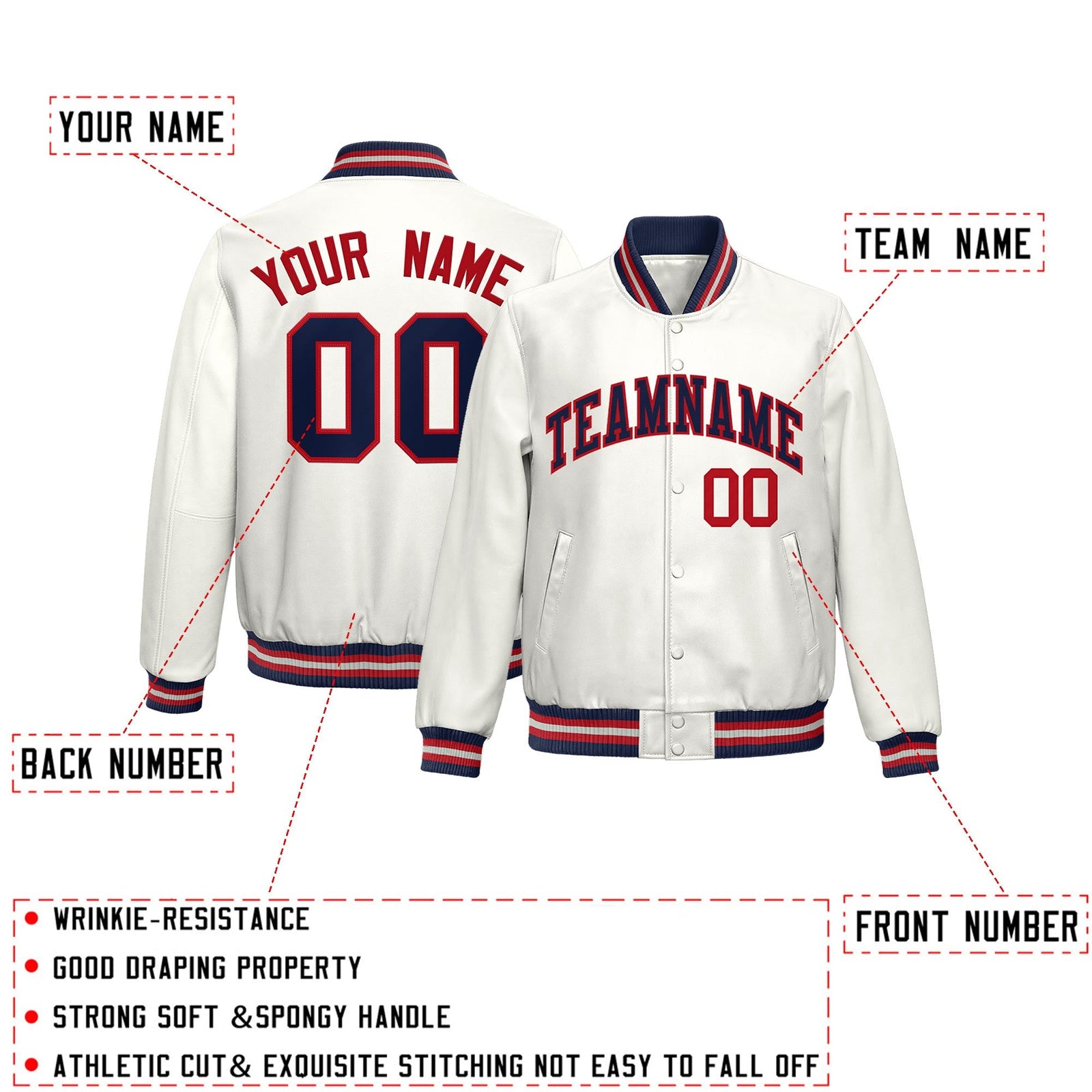 Custom White Navy Red Full-Snap Varsity Faux Leather Letterman Jacket| KXKSHOP