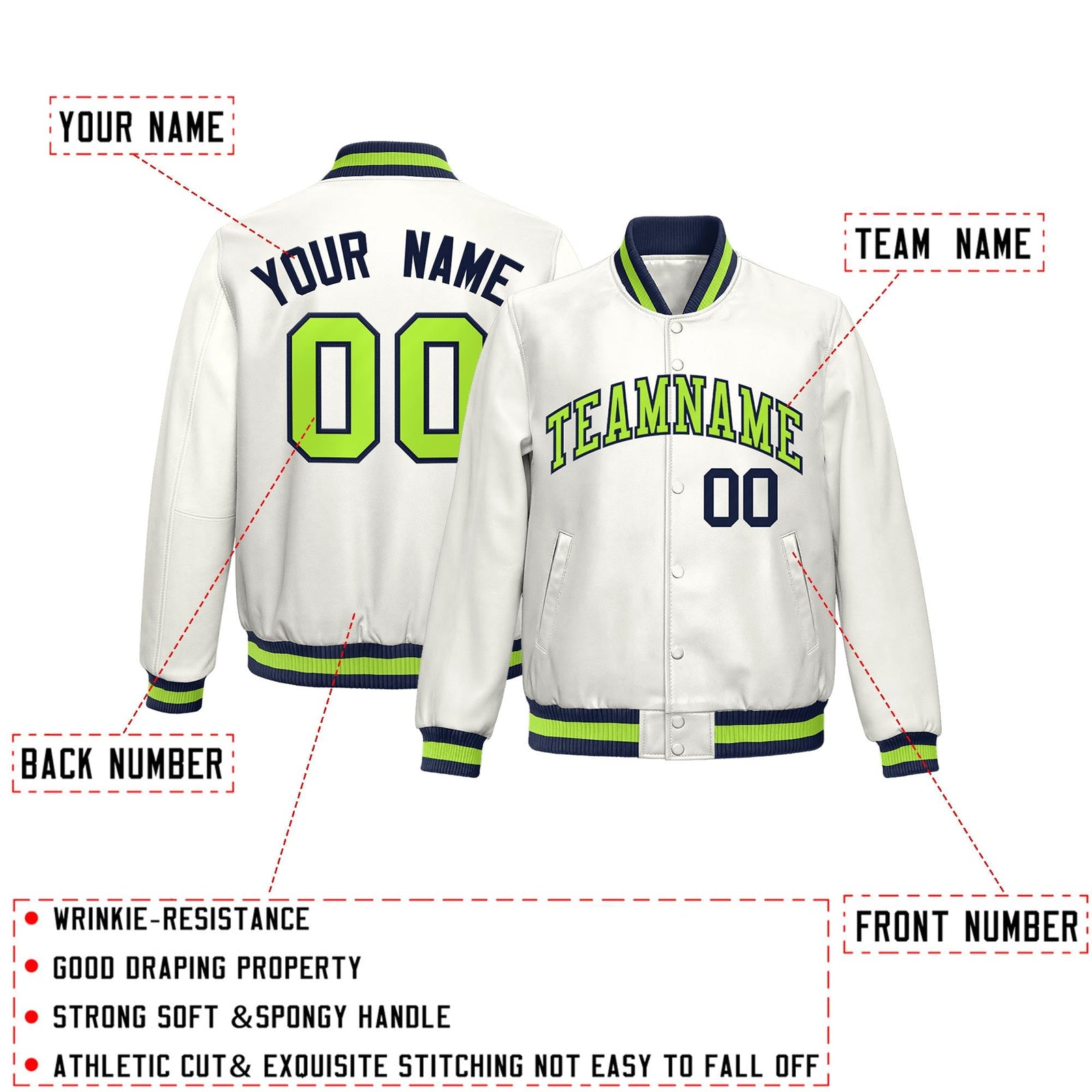 Custom White Neon Green Full-Snap Varsity Faux Leather Letterman Jacket| KXKSHOP