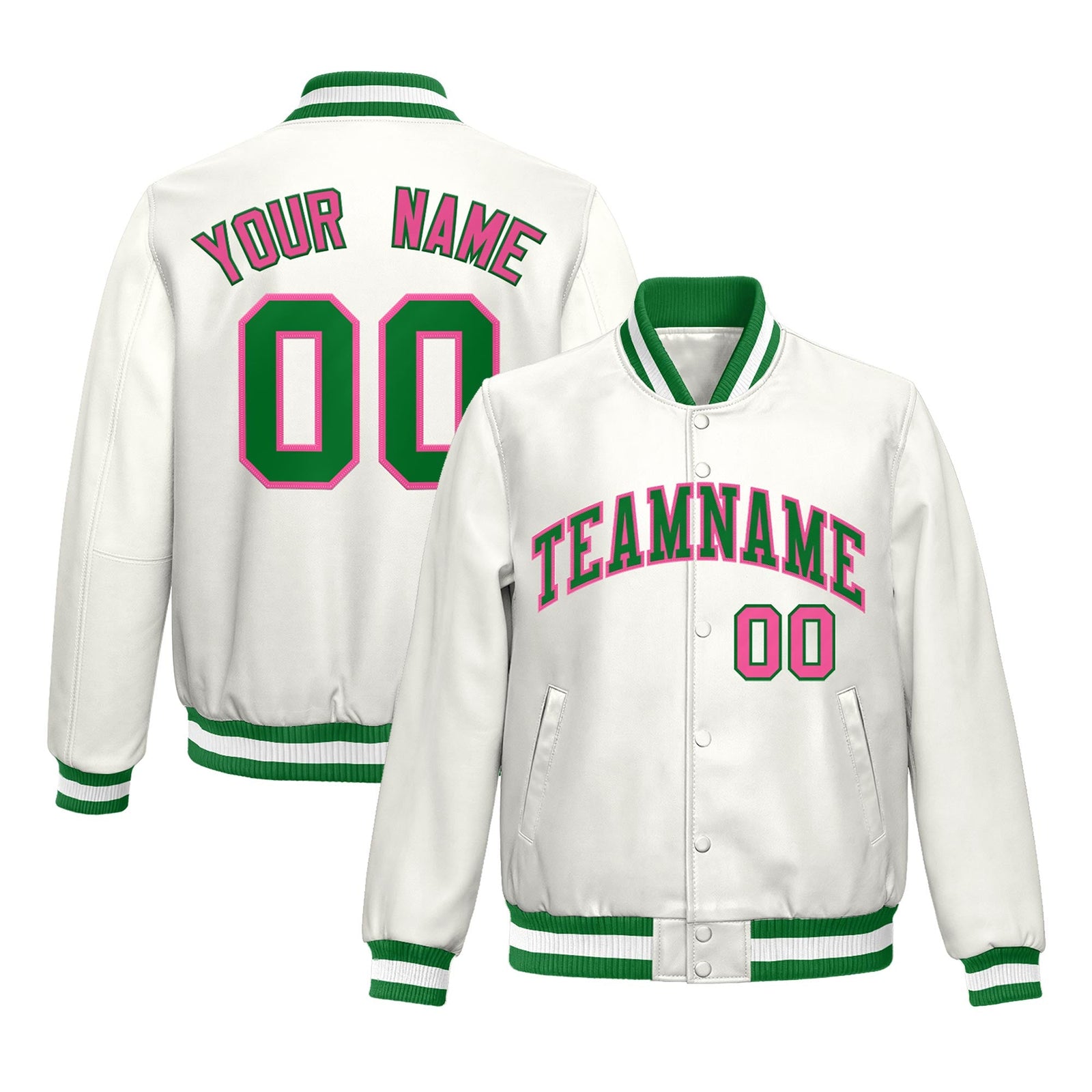 Custom White Kelly Green Pink Full-Snap Varsity Faux Leather Letterman Jacket| KXKSHOP