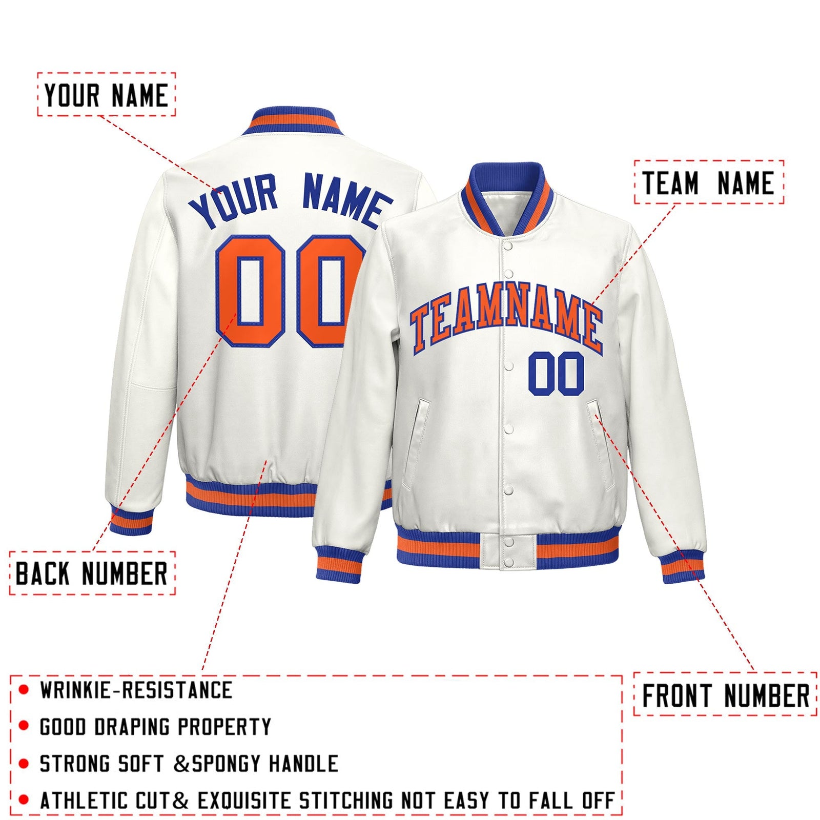 Custom White Royal Blue Orange Full-Snap Varsity Faux Leather Letterman Jacket| KXKSHOP