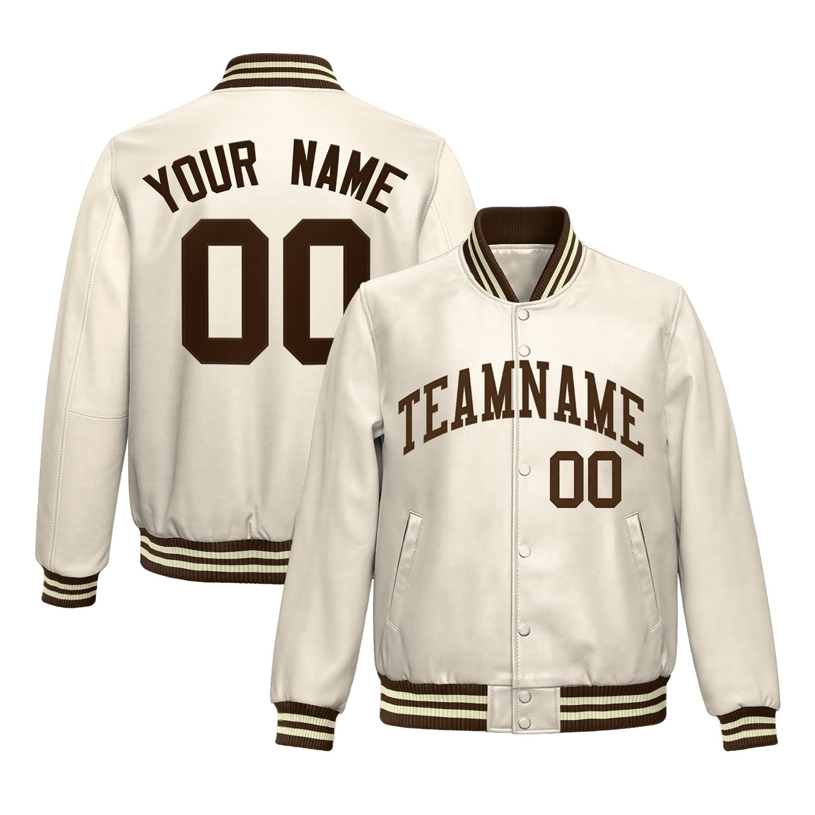 Custom Cream Brown Full-Snap Varsity Faux Leather Letterman Jacket| KXKSHOP