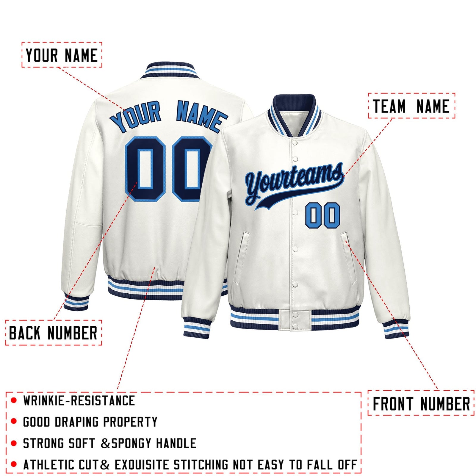 Custom White Light Blue Full-Snap Varsity Faux Leather Letterman Jacket| KXKSHOP