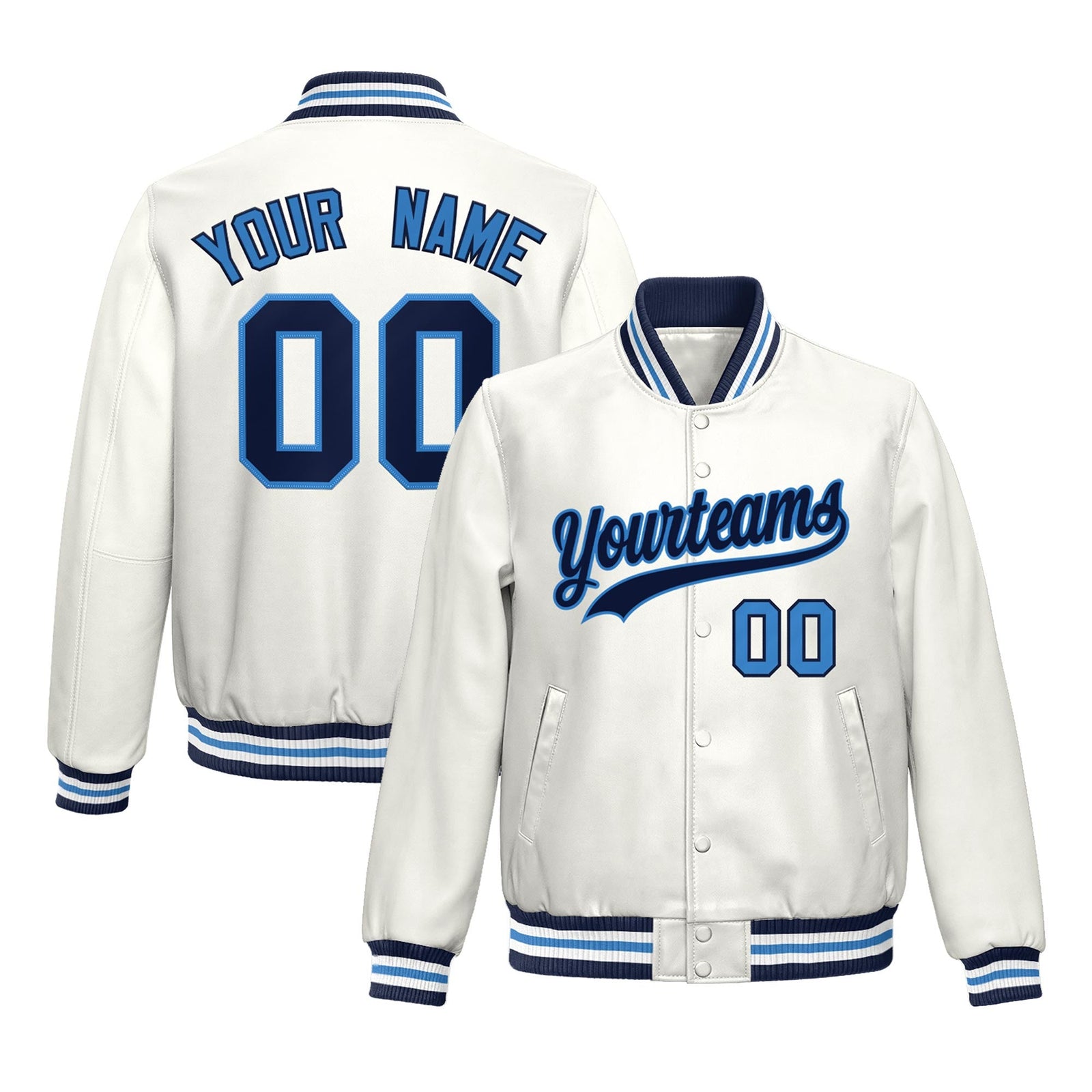 Custom White Light Blue Full-Snap Varsity Faux Leather Letterman Jacket| KXKSHOP