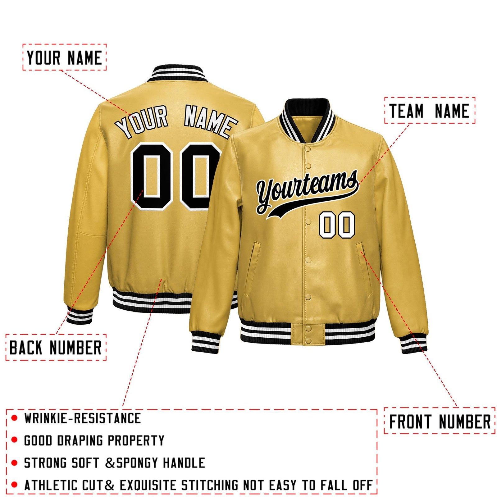 Custom Khaki Black Full-Snap Varsity Faux Leather Letterman Jacket| KXKSHOP