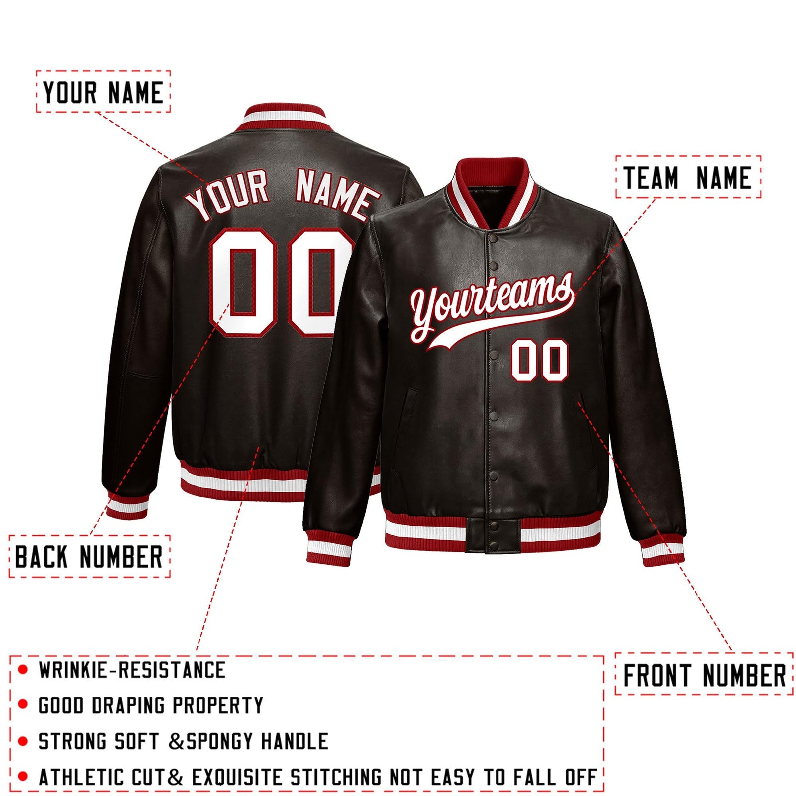 Custom Brown Red Full-Snap Varsity Faux Leather Letterman Jacket| KXKSHOP