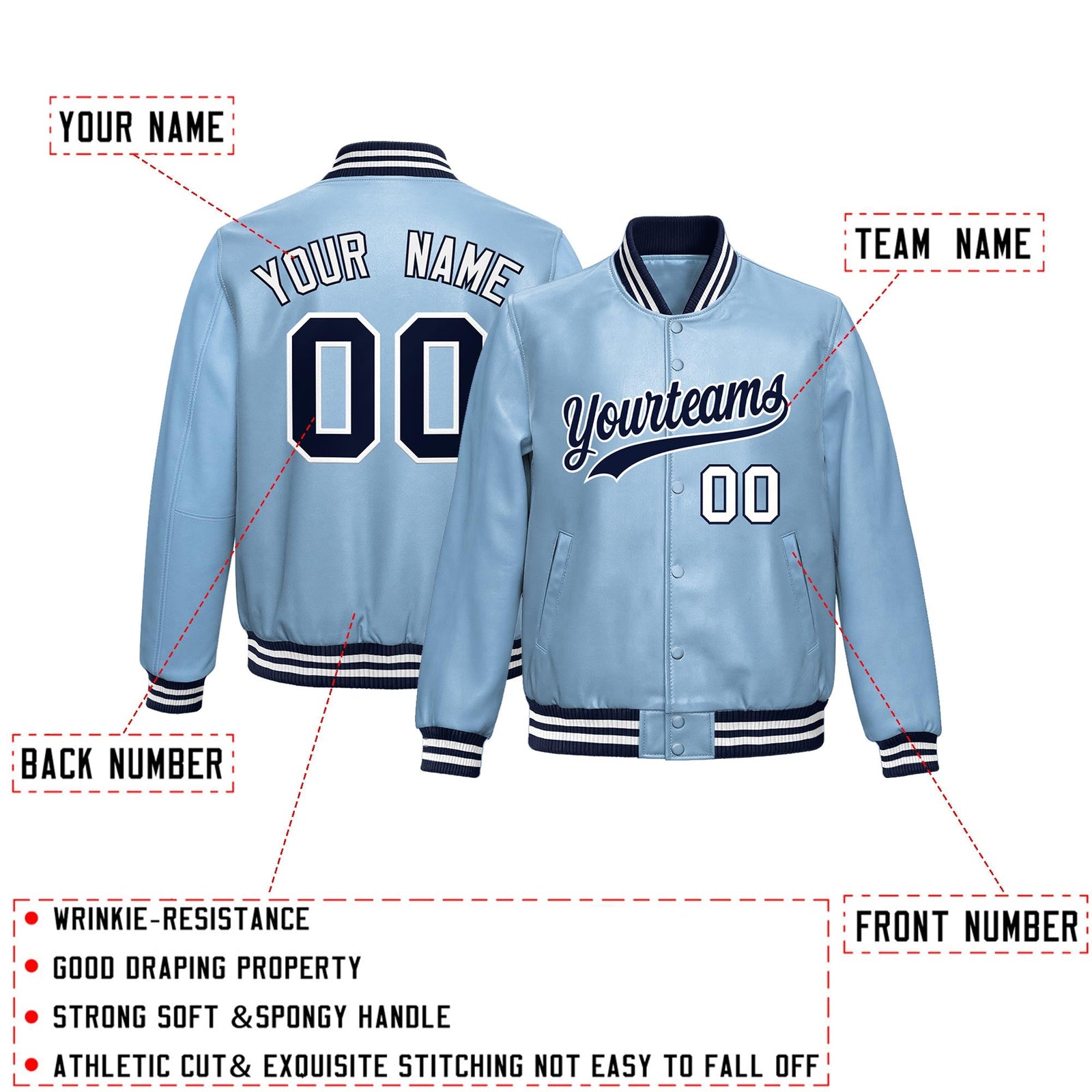 Custom Powder Blue Navy Full-Snap Varsity Faux Leather Letterman Jacket| KXKSHOP