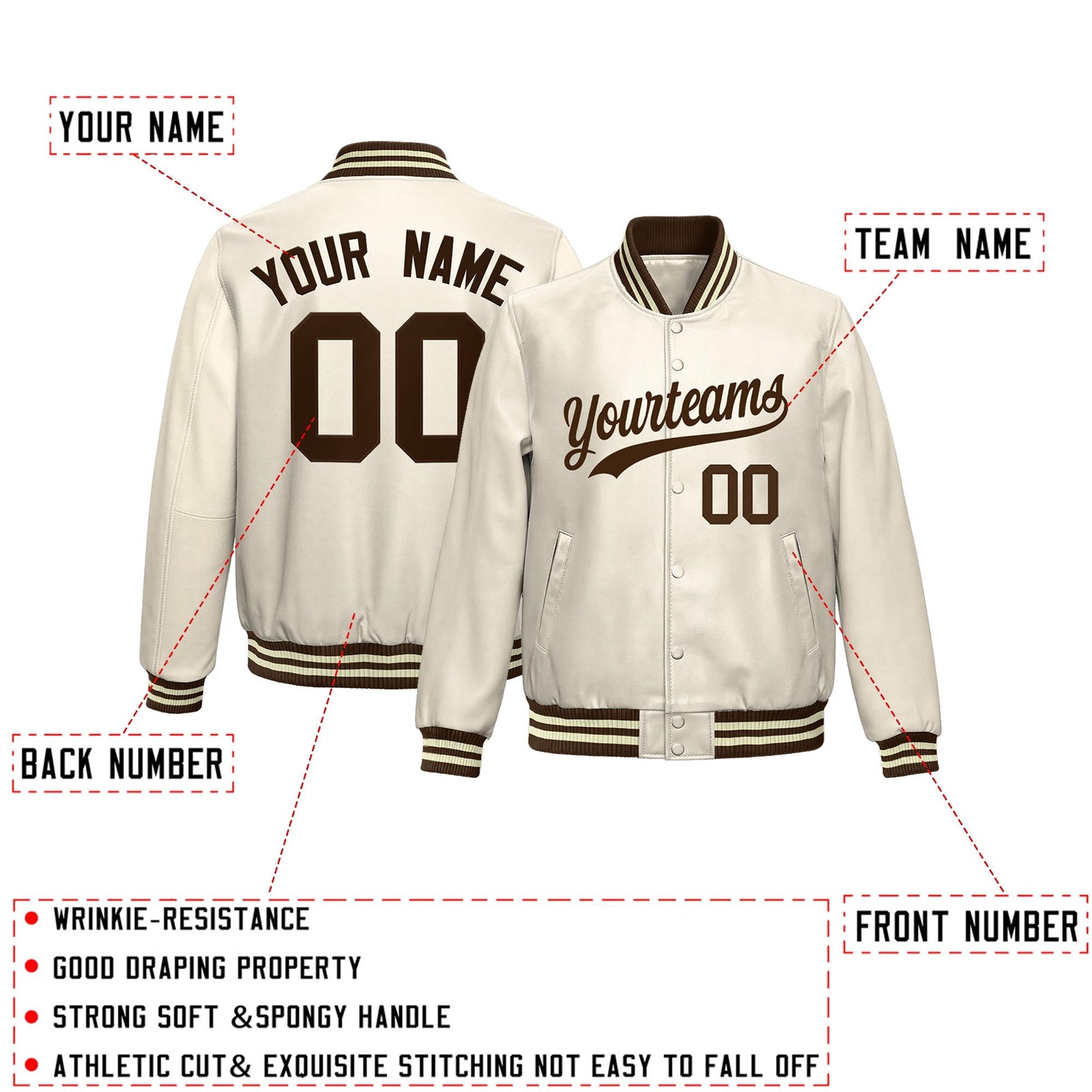 Custom Cream Brown Full-Snap Varsity Faux Leather Letterman Jacket| KXKSHOP