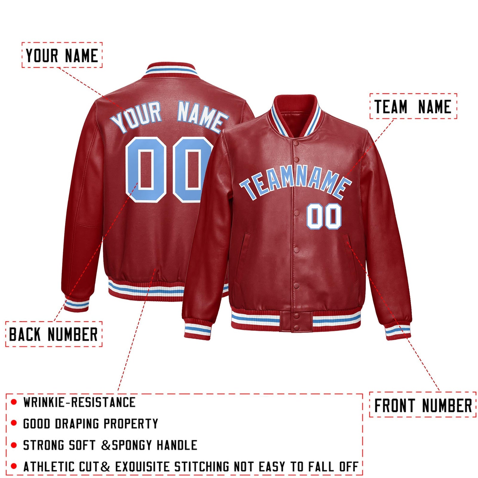 Custom Red Light Blue Full-Snap Varsity Faux Leather Letterman Jacket| KXKSHOP