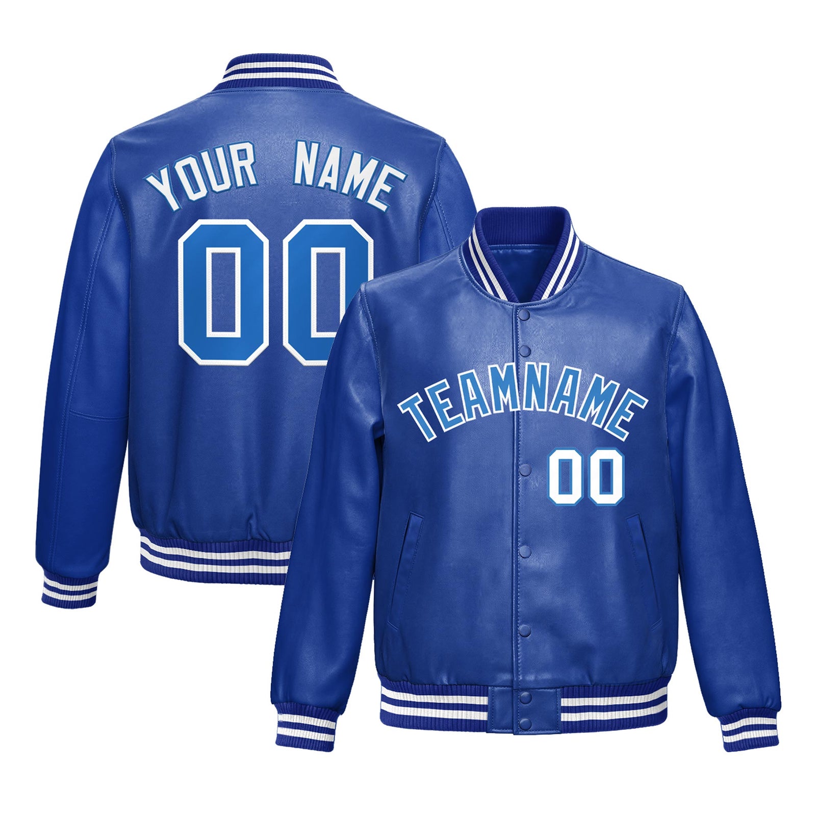 Custom Royal Blue Light Blue Full-Snap Varsity Faux Leather Letterman Jacket| KXKSHOP