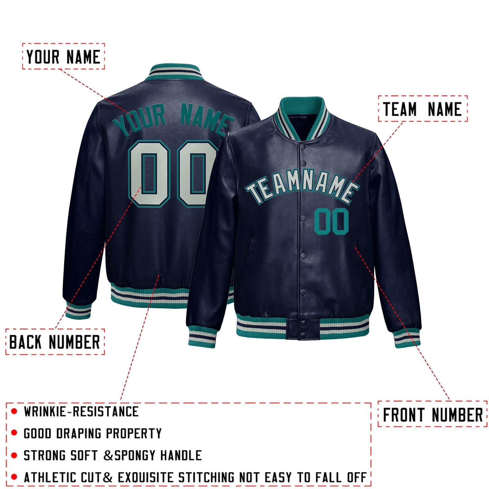 Custom Navy Teal Full-Snap Varsity Faux Leather Letterman Jacket| KXKSHOP