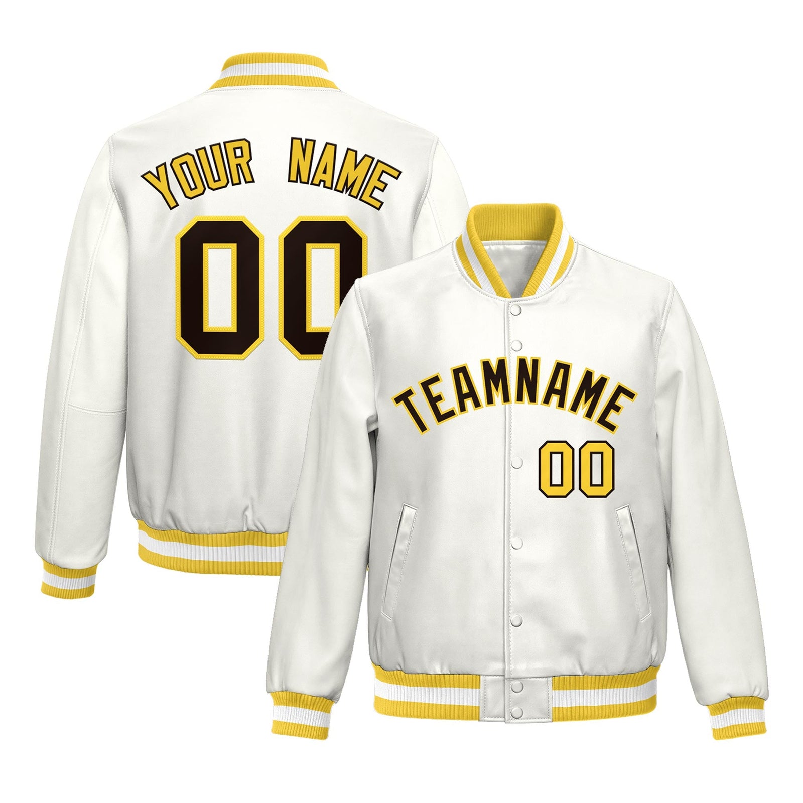 Custom Gold White Full-Snap Varsity Faux Leather Letterman Jacket| KXKSHOP