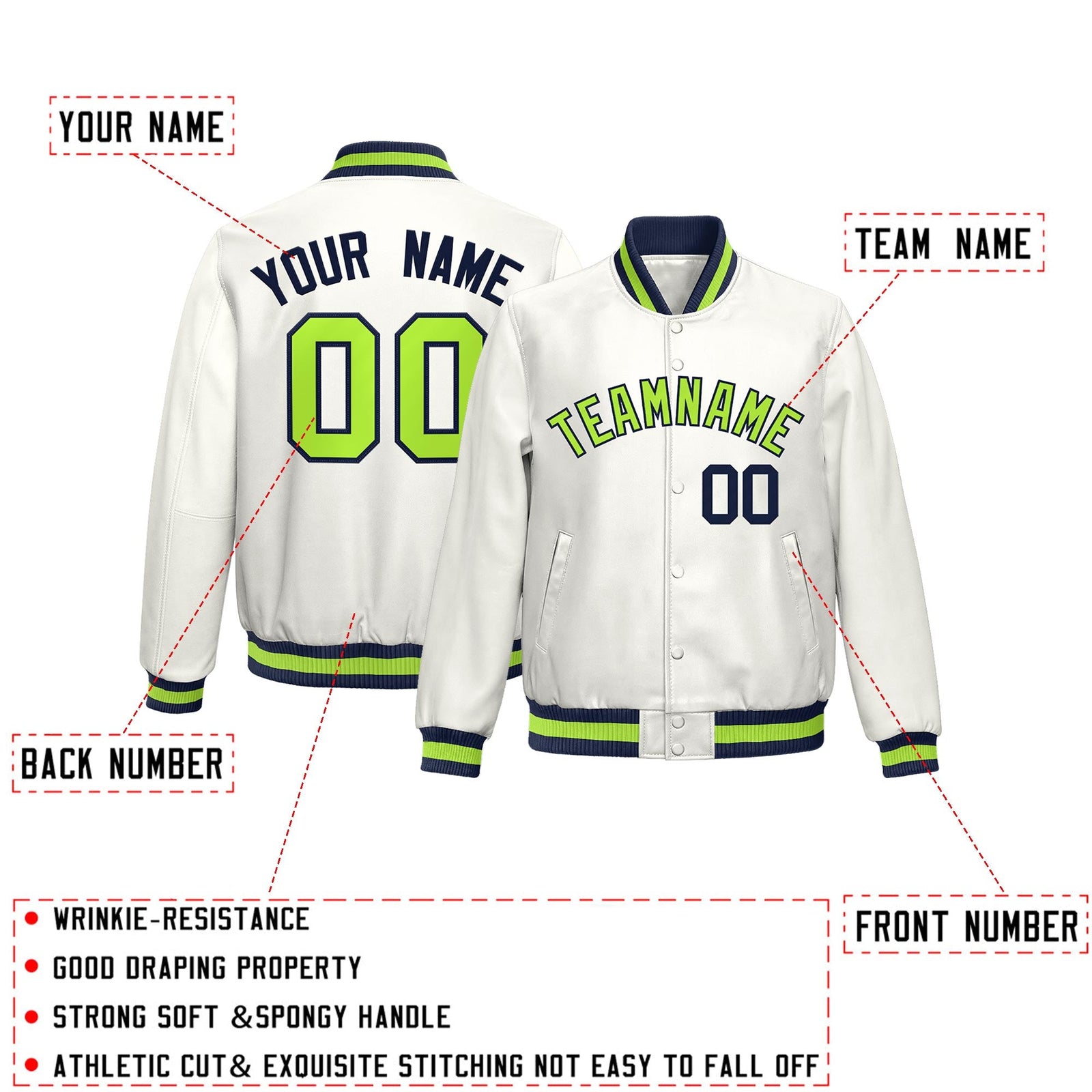 Custom White Neon Green Full-Snap Varsity Faux Leather Letterman Jacket| KXKSHOP
