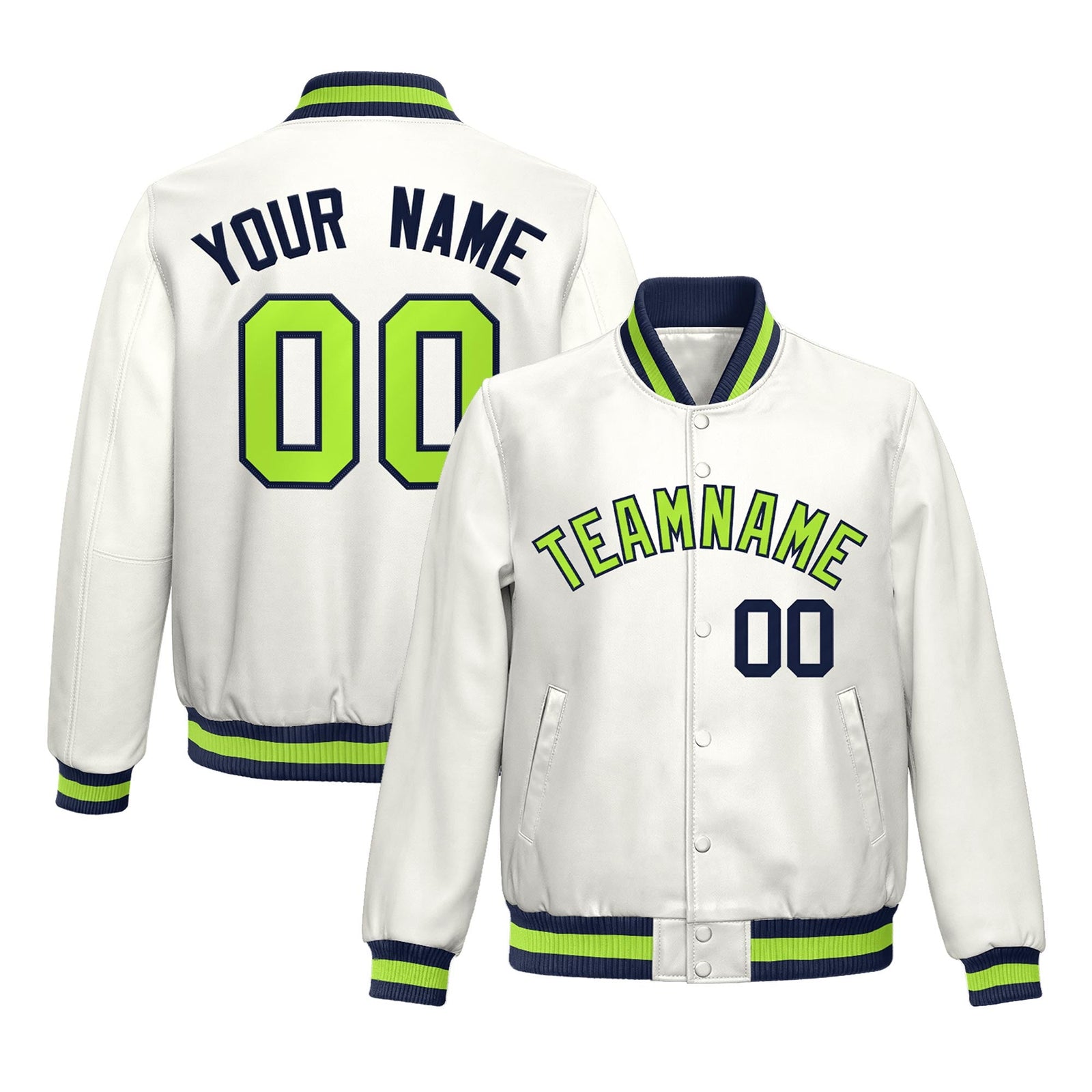 Custom White Neon Green Full-Snap Varsity Faux Leather Letterman Jacket| KXKSHOP