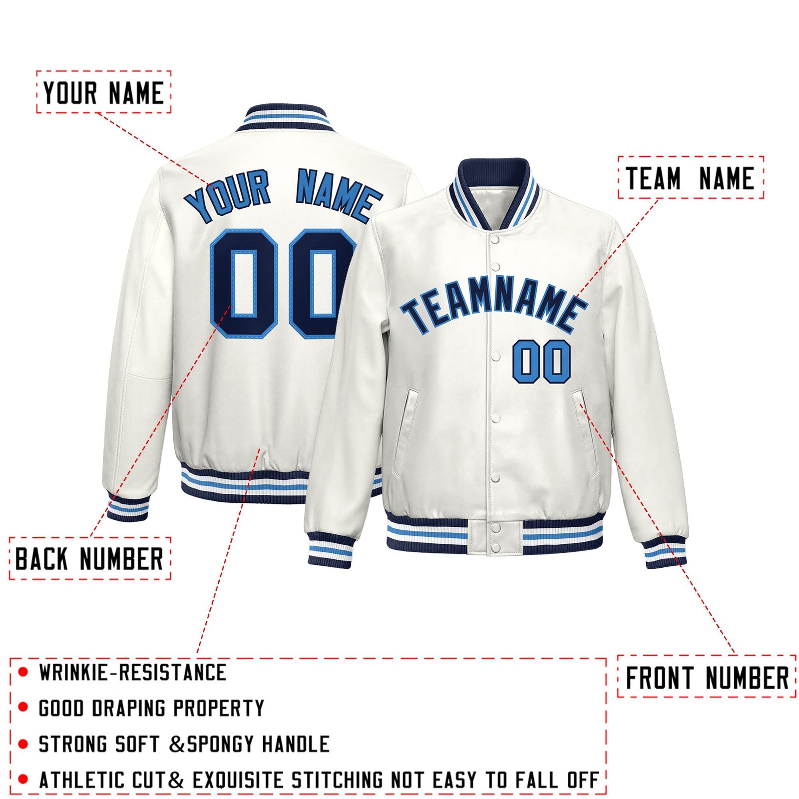 Custom White Light Blue Full-Snap Varsity Faux Leather Letterman Jacket| KXKSHOP