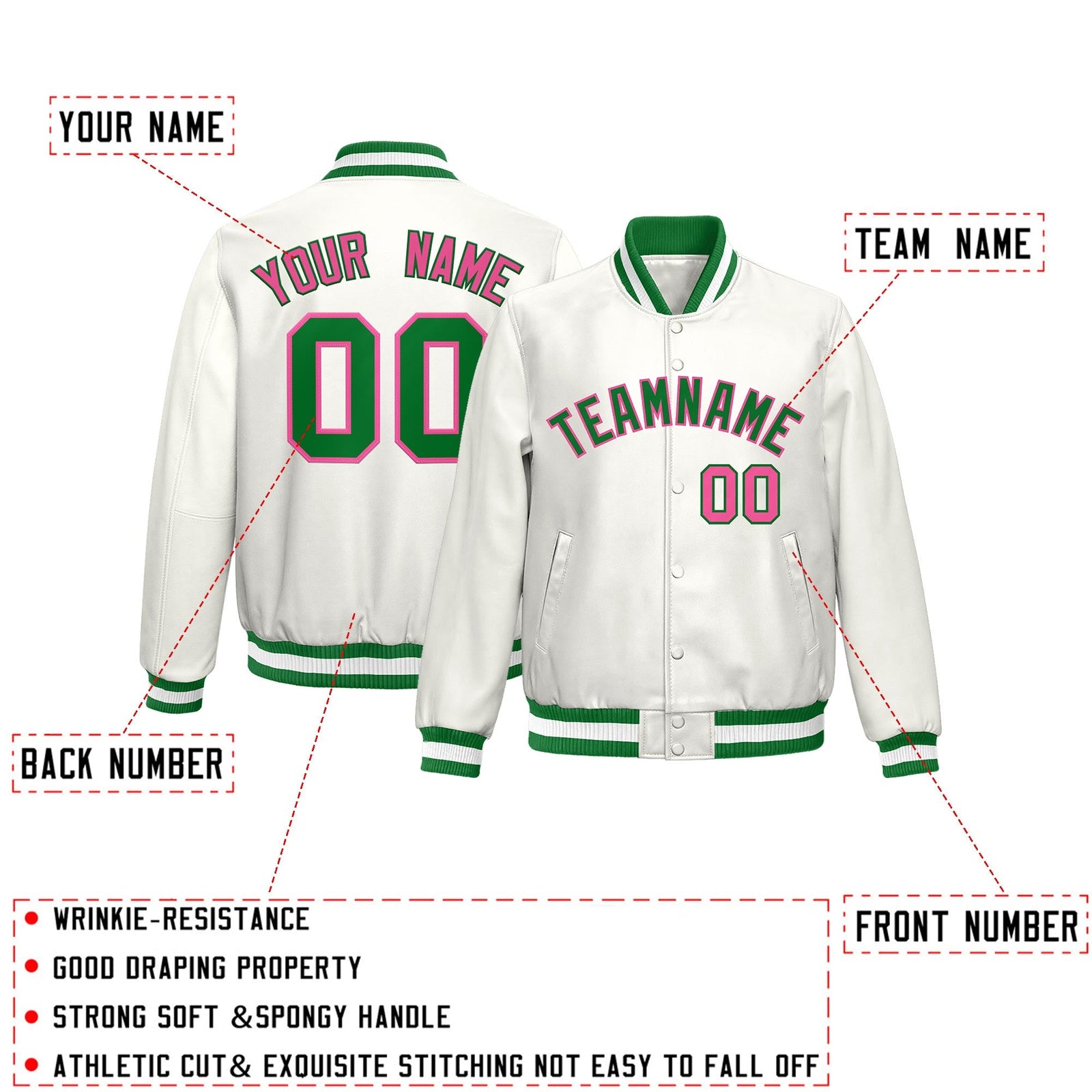 Custom White Kelly Green Pink Full-Snap Varsity Faux Leather Letterman Jacket| KXKSHOP