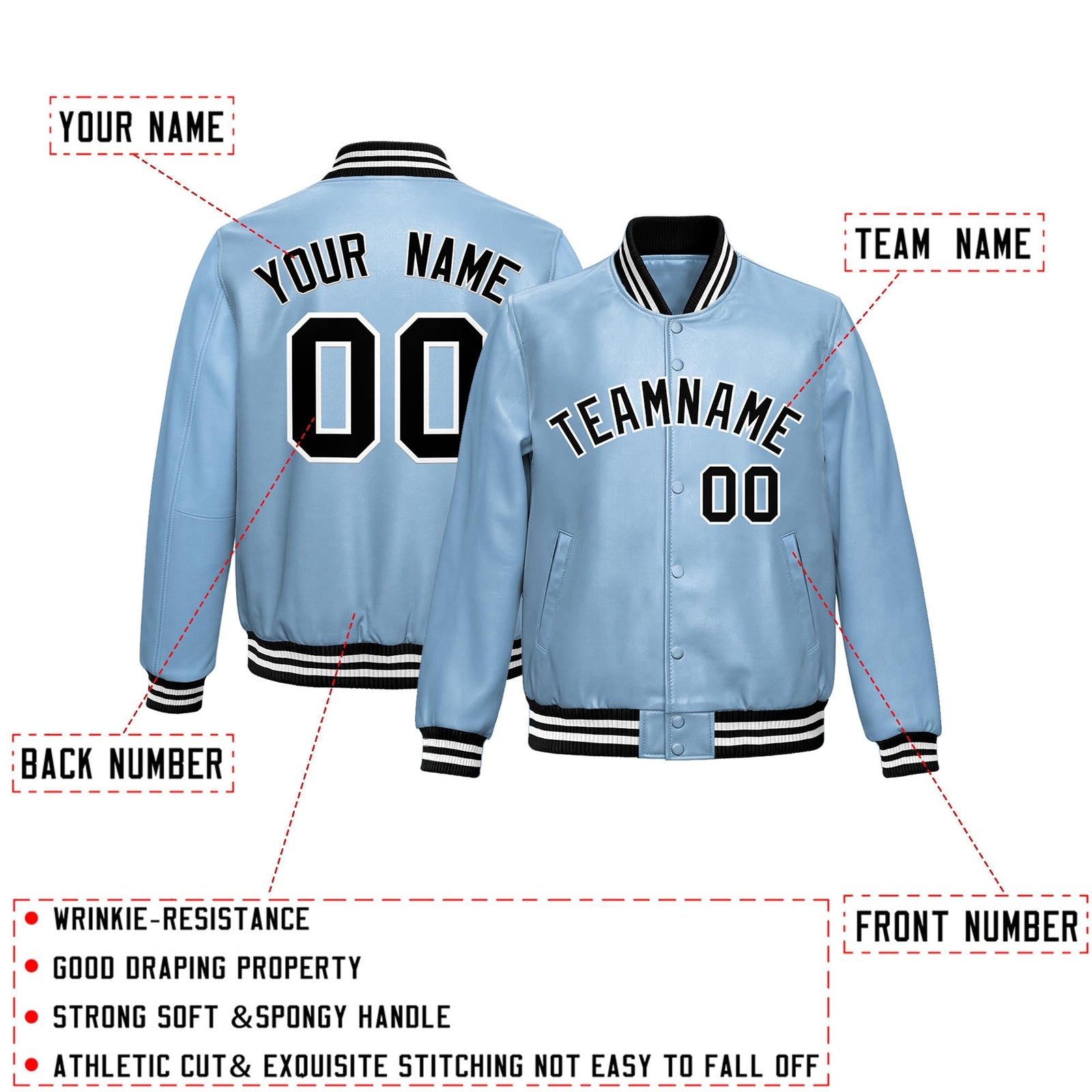 Custom Powder Blue Black Full-Snap Varsity Faux Leather Letterman Jacket| KXKSHOP