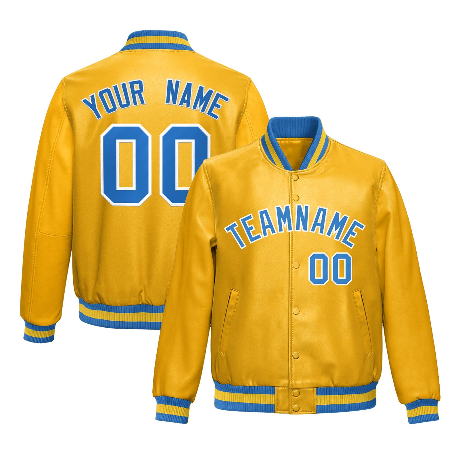Custom Yellow Light Blue Full-Snap Varsity Faux Leather Letterman Jacket| KXKSHOP