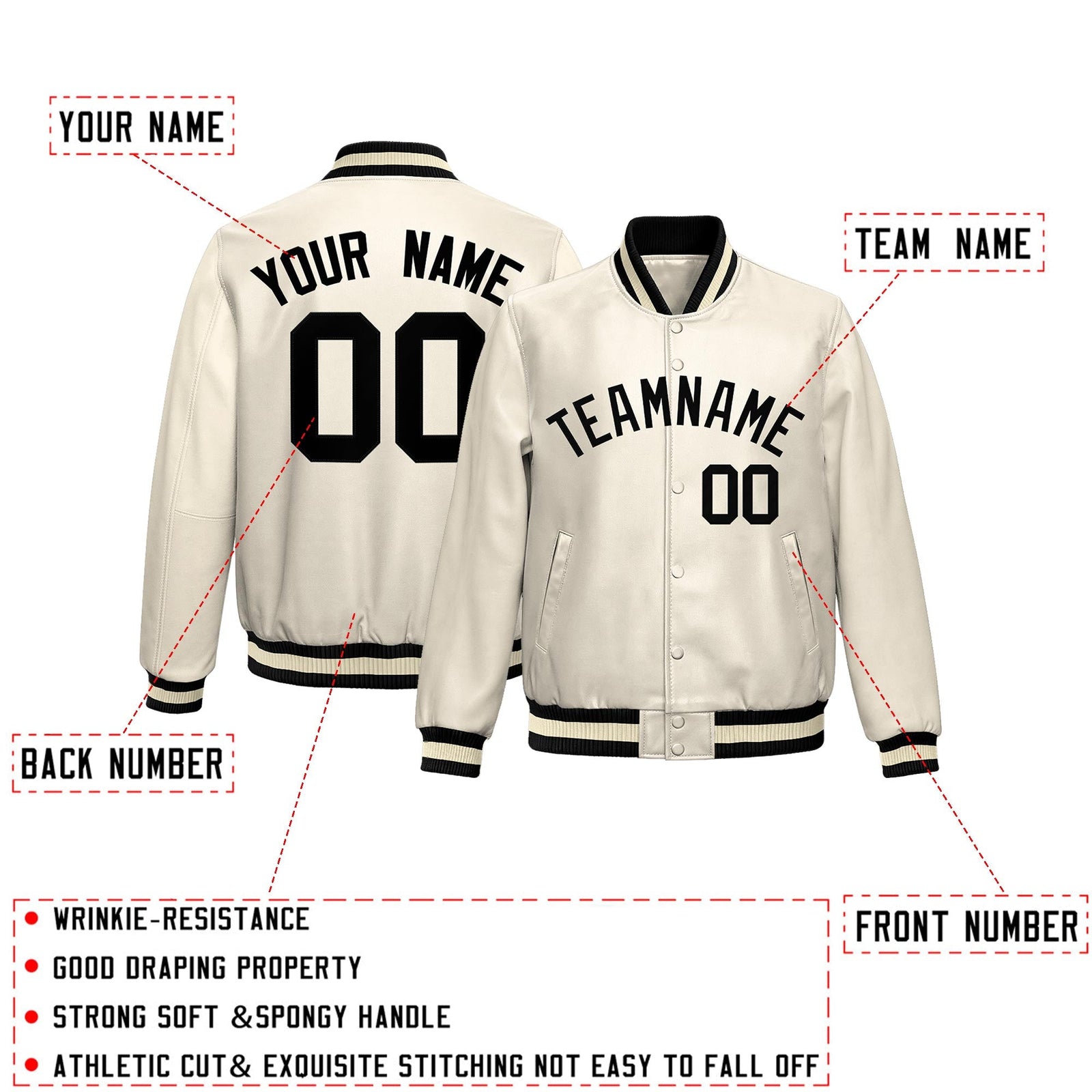 Custom Cream Black Full-Snap Varsity Faux Leather Letterman Jacket| KXKSHOP