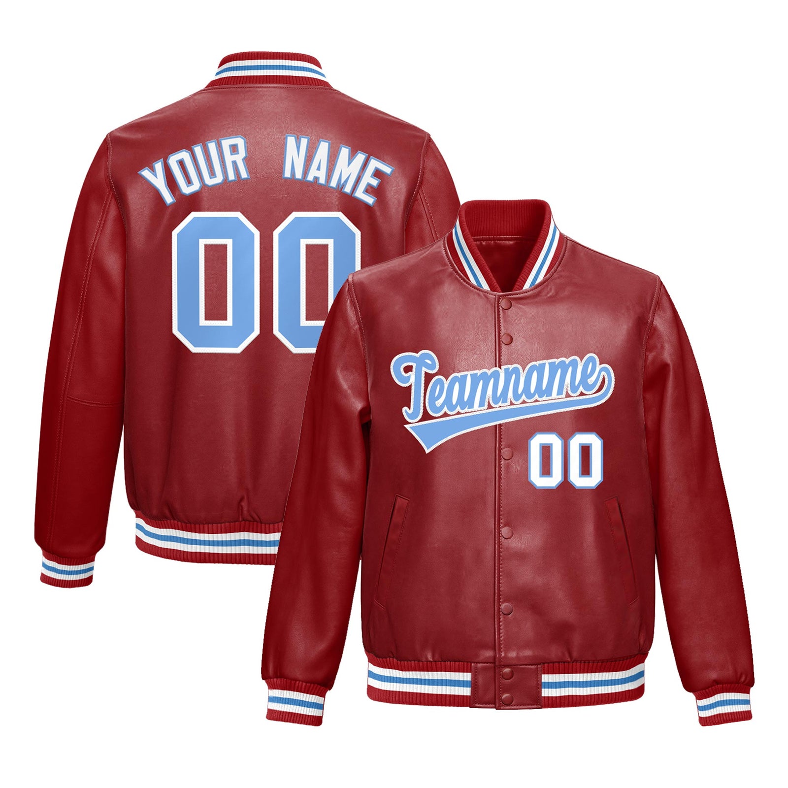 Custom Red Light Blue Full-Snap Varsity Faux Leather Letterman Jacket| KXKSHOP