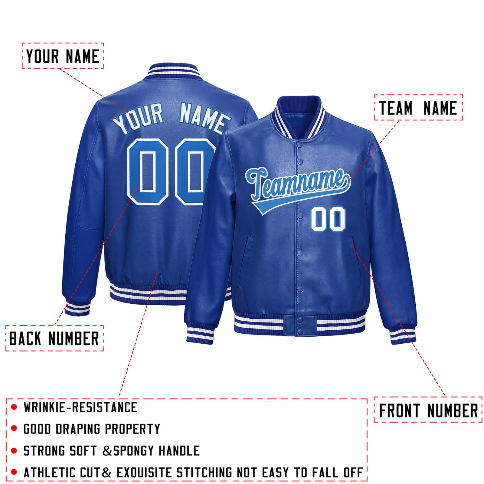 Custom Royal Blue Light Blue Full-Snap Varsity Faux Leather Letterman Jacket| KXKSHOP