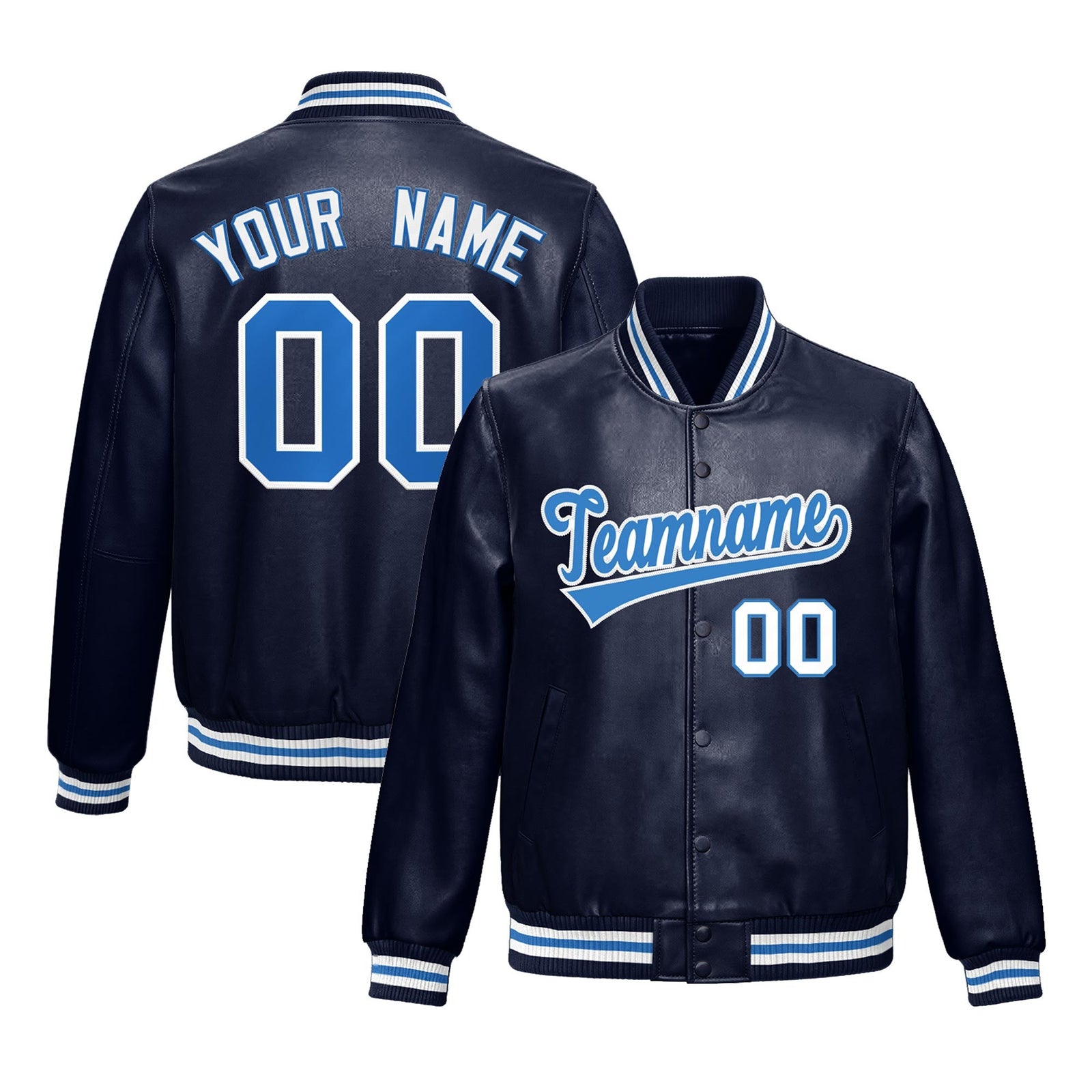 Custom Navy Light Blue Full-Snap Varsity Faux Leather Letterman Jacket| KXKSHOP