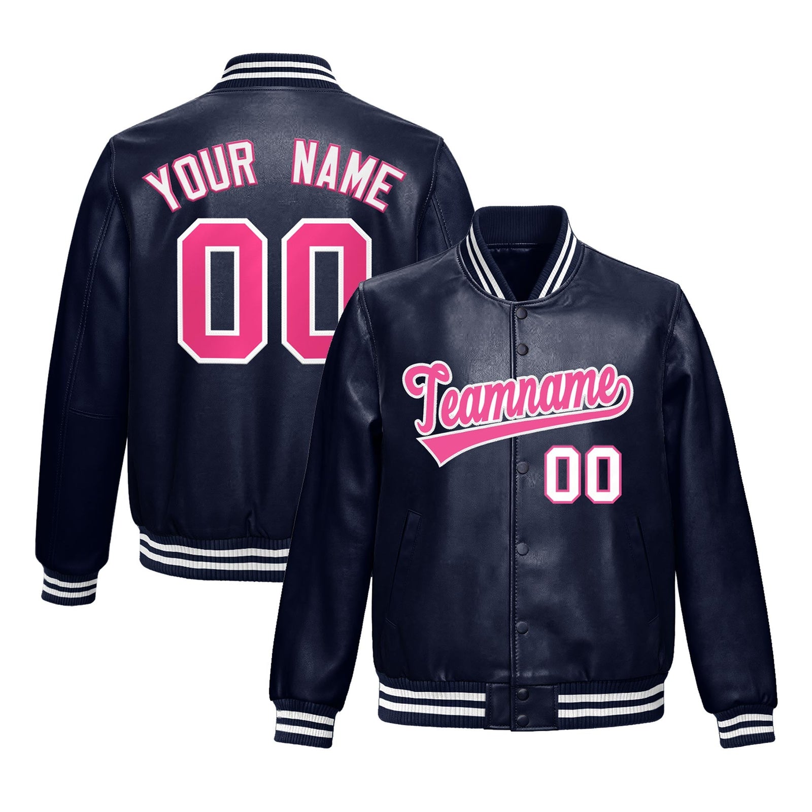 Custom Navy Pink Full-Snap Varsity Faux Leather Letterman Jacket| KXKSHOP