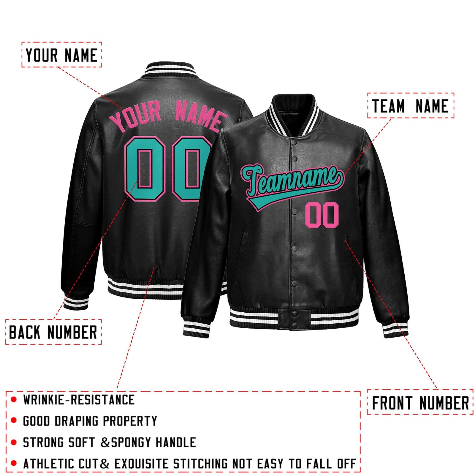 Custom Black Aqua Full-Snap Varsity Faux Leather Letterman Jacket| KXKSHOP