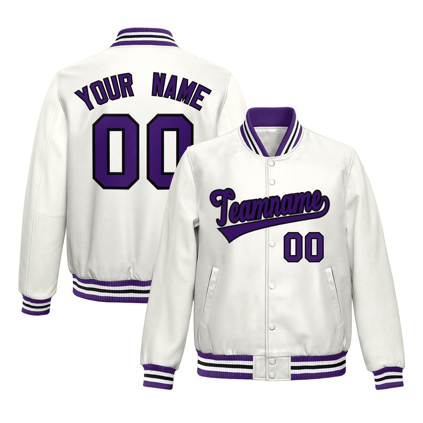 Custom White Purple Full-Snap Varsity Faux Leather Letterman Jacket| KXKSHOP