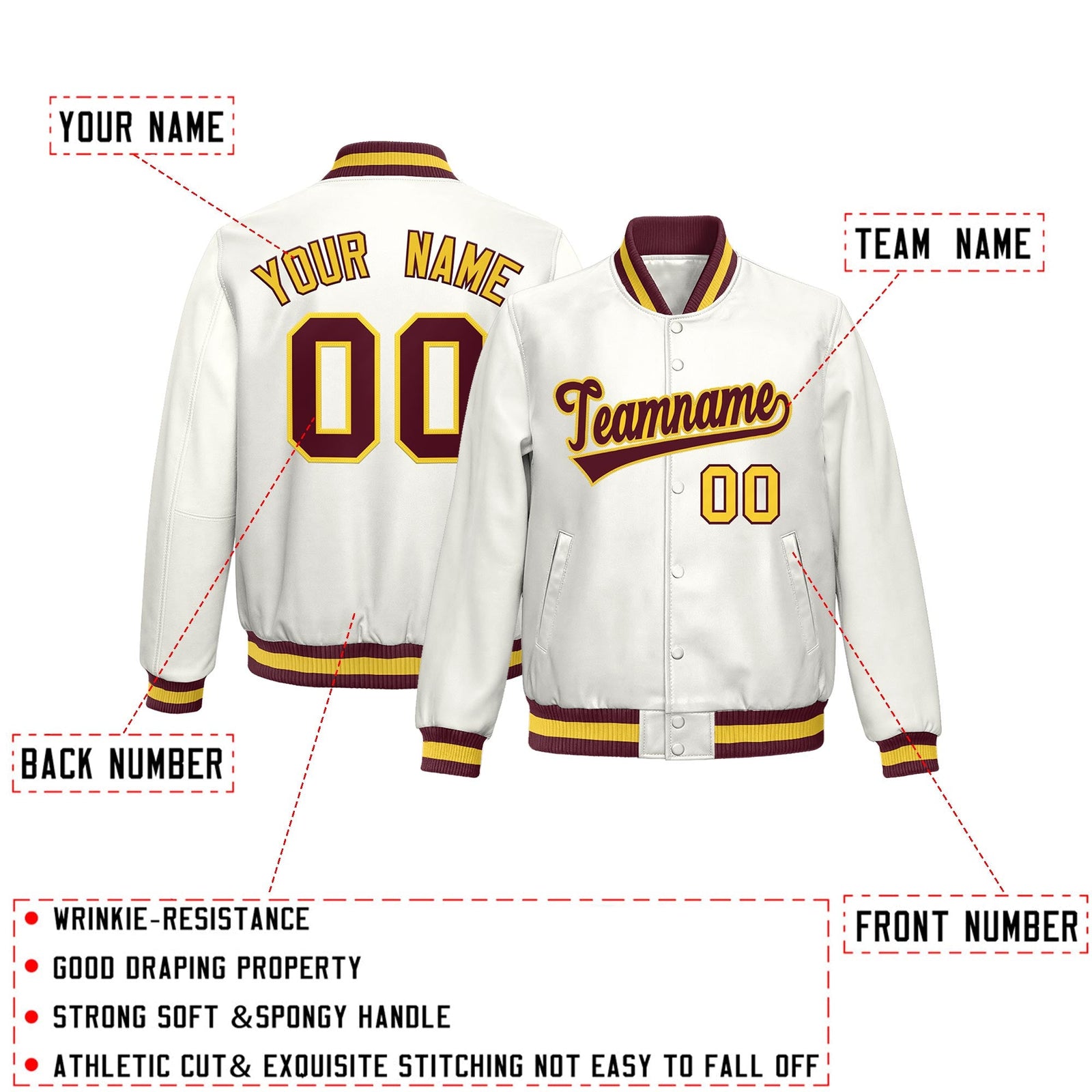 Custom White Crimson Yellow Full-Snap Varsity Faux Leather Letterman Jacket| KXKSHOP