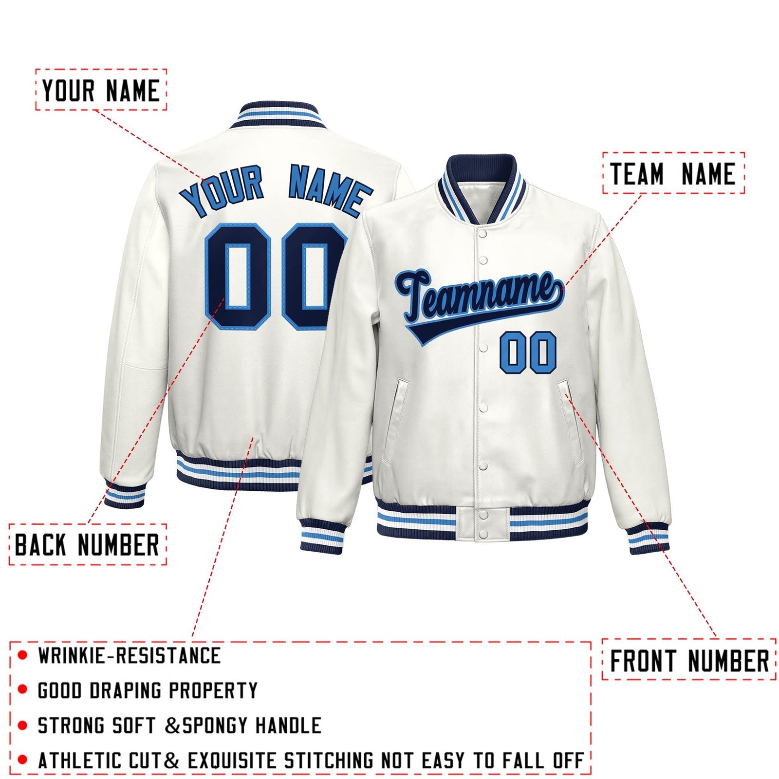 Custom White Light Blue Full-Snap Varsity Faux Leather Letterman Jacket| KXKSHOP