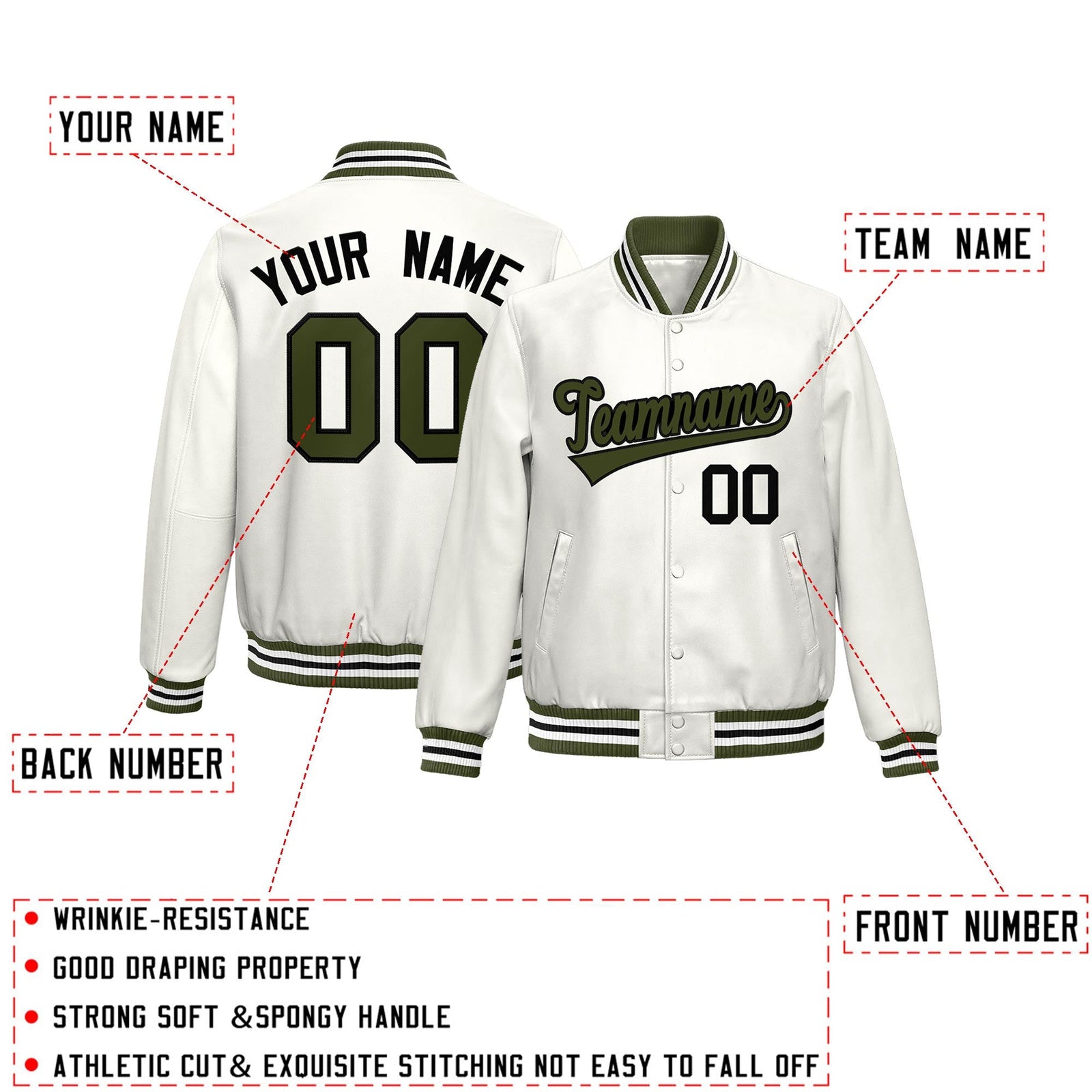 Custom White Olive Full-Snap Varsity Faux Leather Letterman Jacket| KXKSHOP