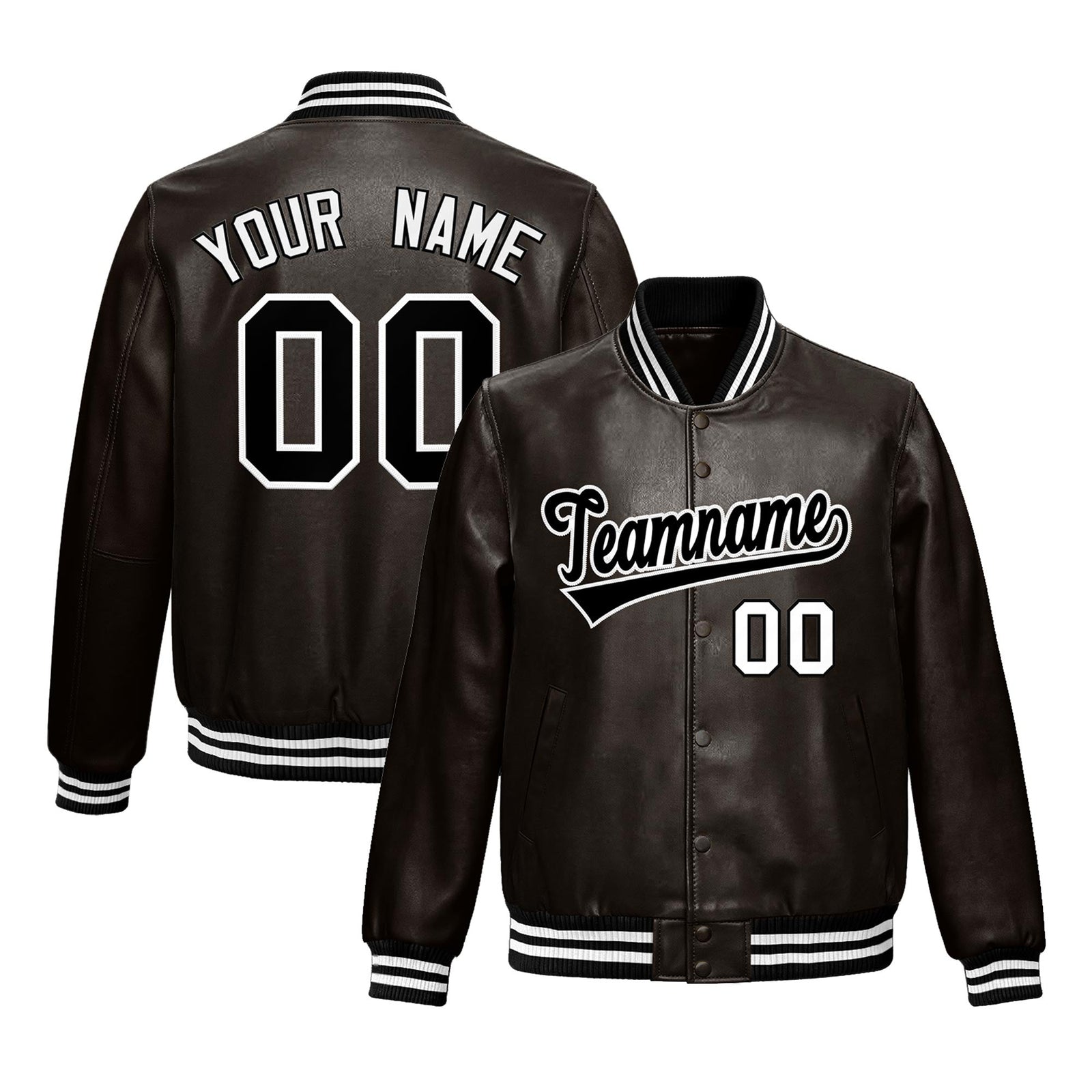 Custom Brown Black Full-Snap Varsity Faux Leather Letterman Jacket| KXKSHOP