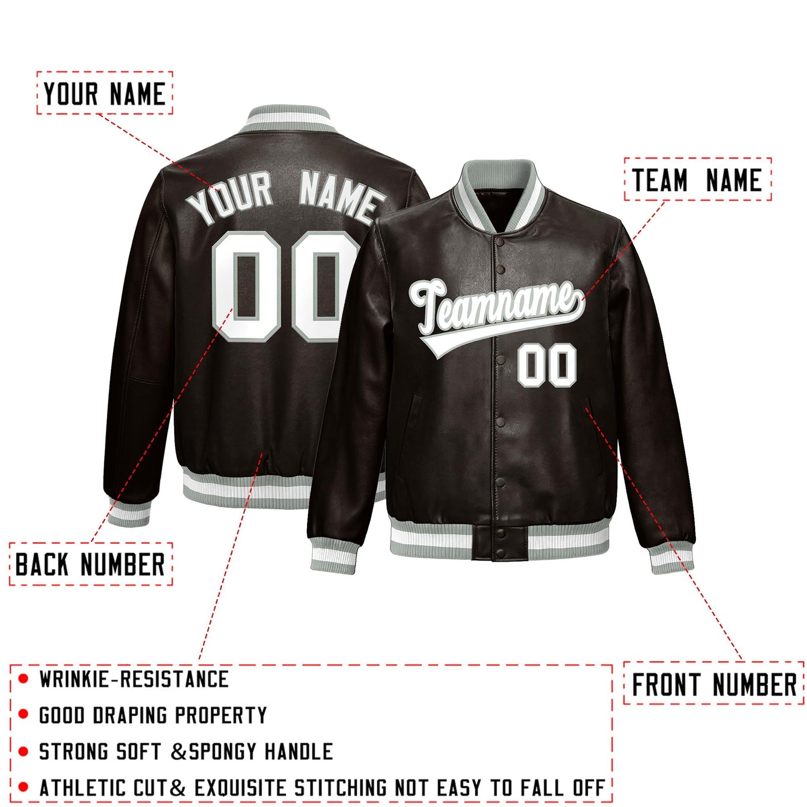 Custom Brown Gray Full-Snap Varsity Faux Leather Letterman Jacket| KXKSHOP