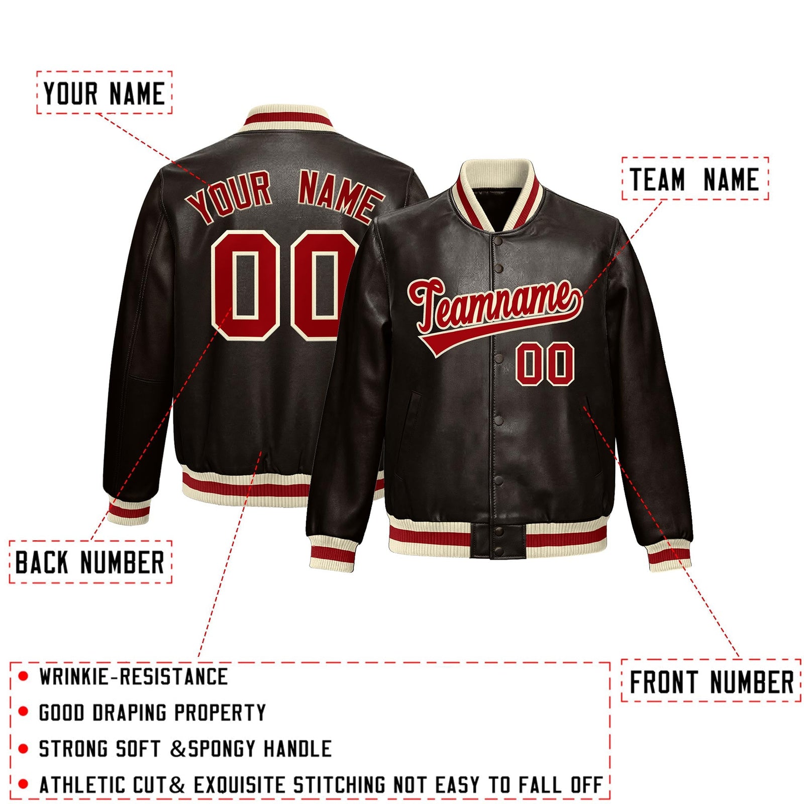 Custom Brown Red Cream Full-Snap Varsity Faux Leather Letterman Jacket| KXKSHOP